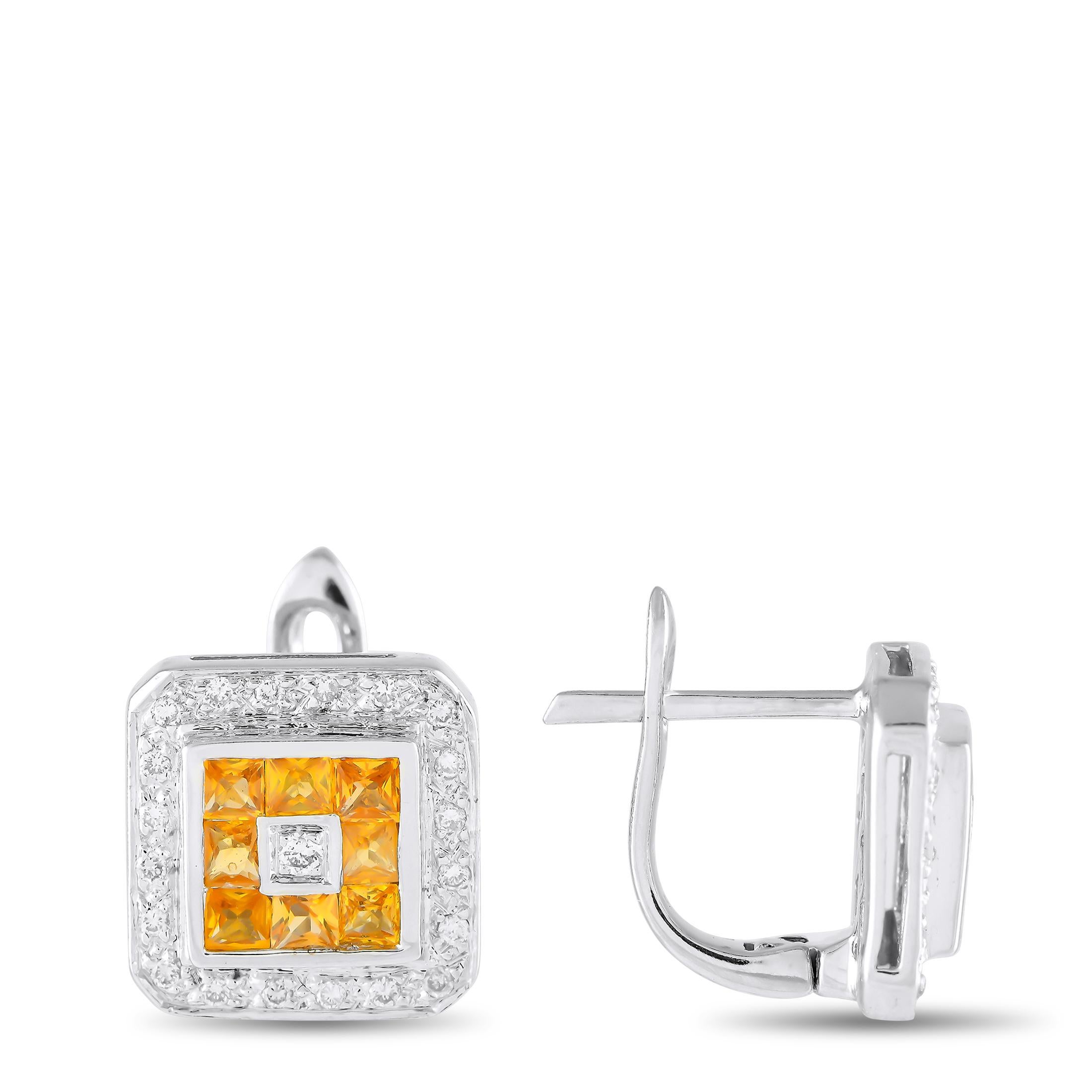 A stylish, symmetrical design makes these luxury earrings an instant classic. Crafted from 14K White Gold, the square setting comes to life thanks to Diamonds with a total weight of 0.33 carats. At the center, Yellow Sapphires totaling 0.90 carats