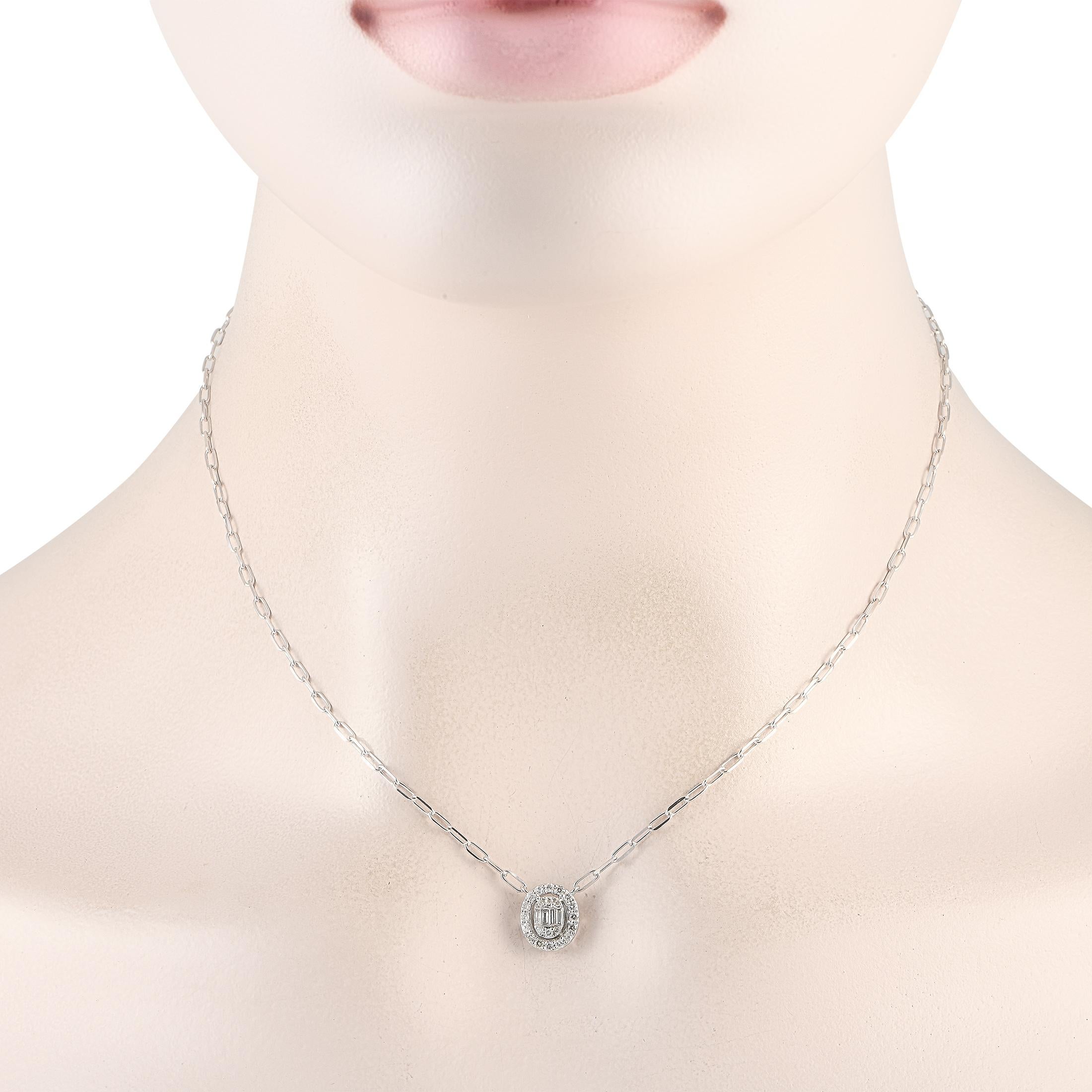 An oval-shaped pendant covered in 0.35 carats of sparkling diamonds serves as a stunning focal point on this unforgettable necklace. Ideal for any occasion, its crafted from 14K white gold and features a 16 paperclip chain. The pendant measures 0.45