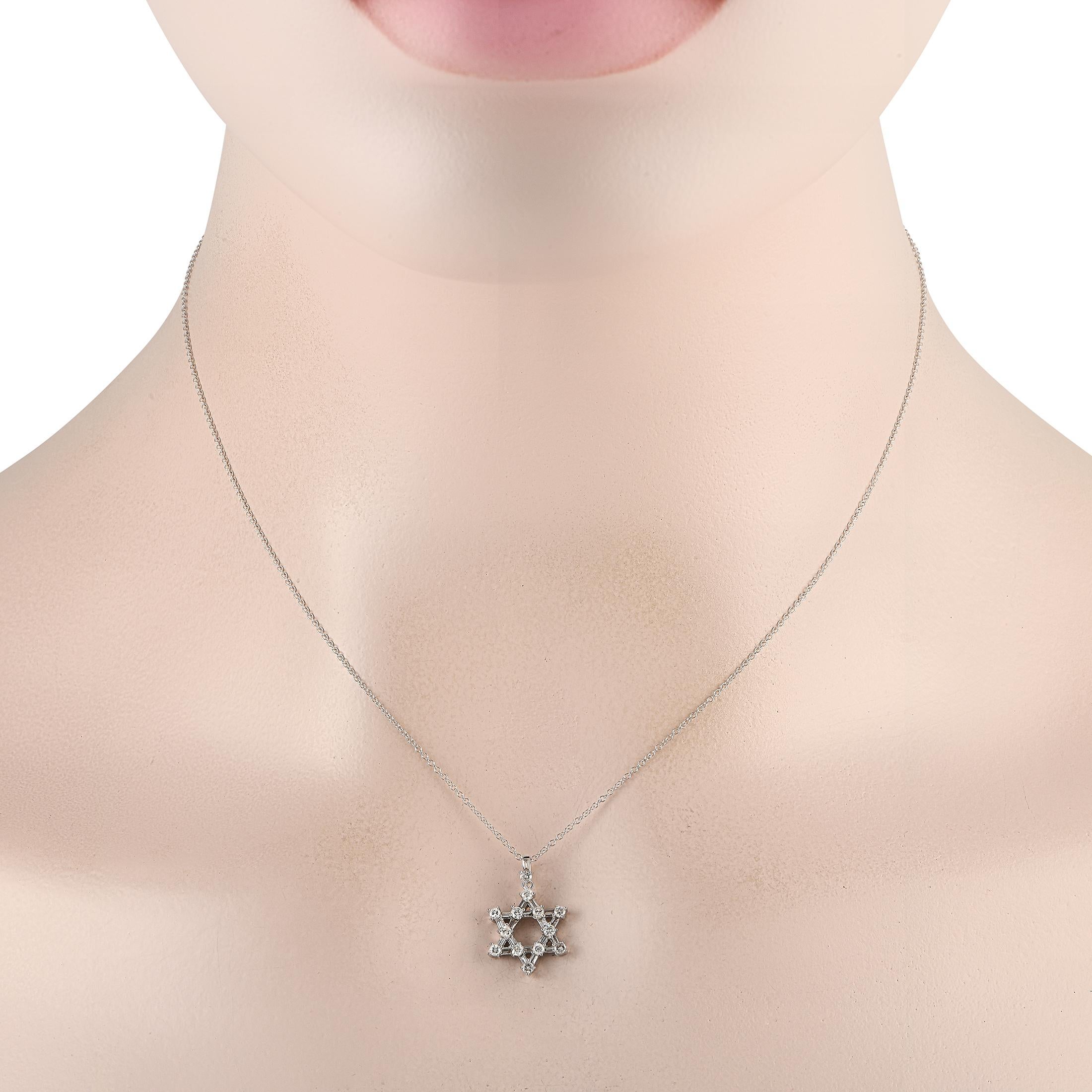 Do you prefer to wear the same minimalist jewelry day after day? Do it in style by picking this hexagram necklace. It features a thin chain in 14K white gold holding a six-pointed star pendant measuring less than half an inch. The white gold star is