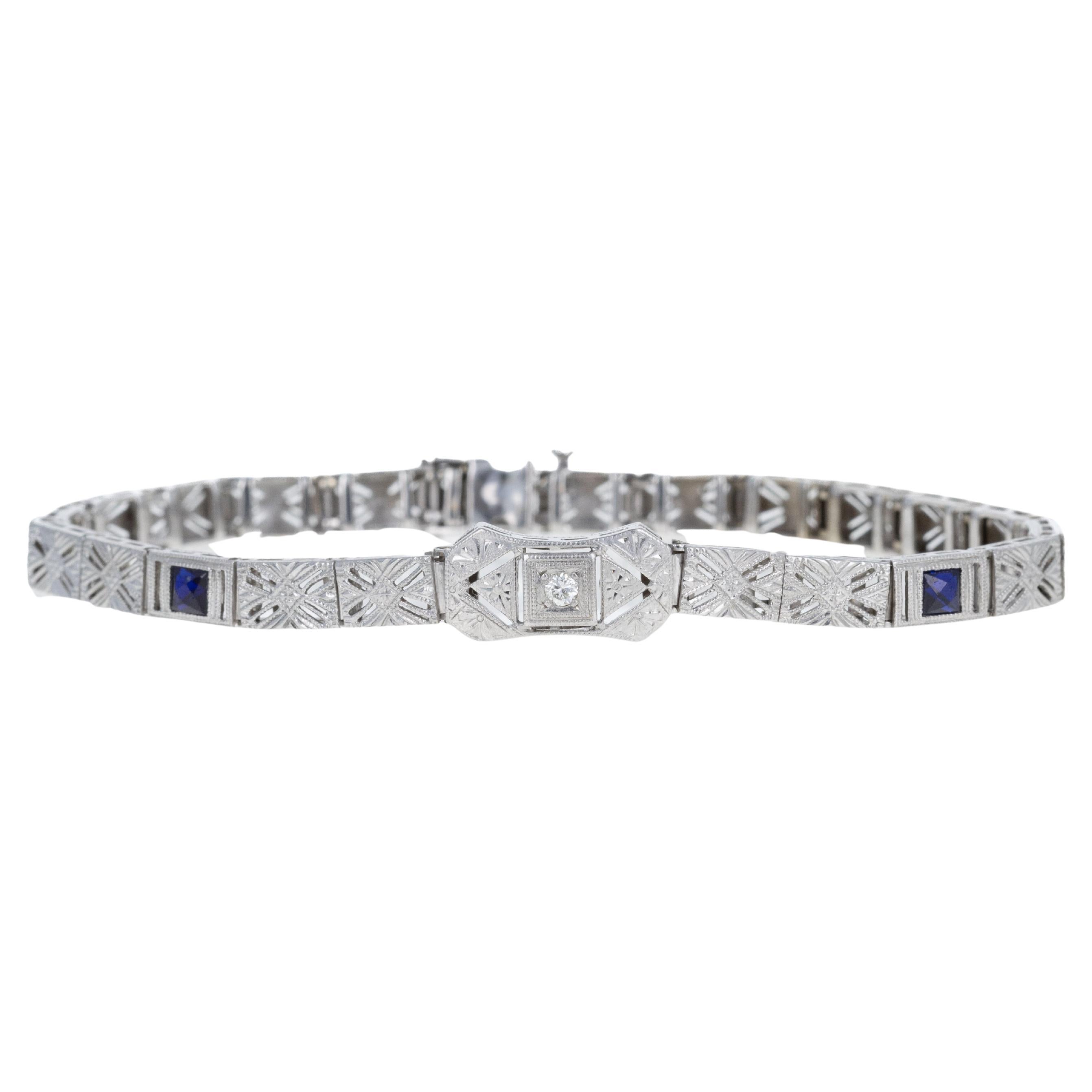14K White Gold .04 Old European Cut Diamond Sapphire Filigree Bracelet