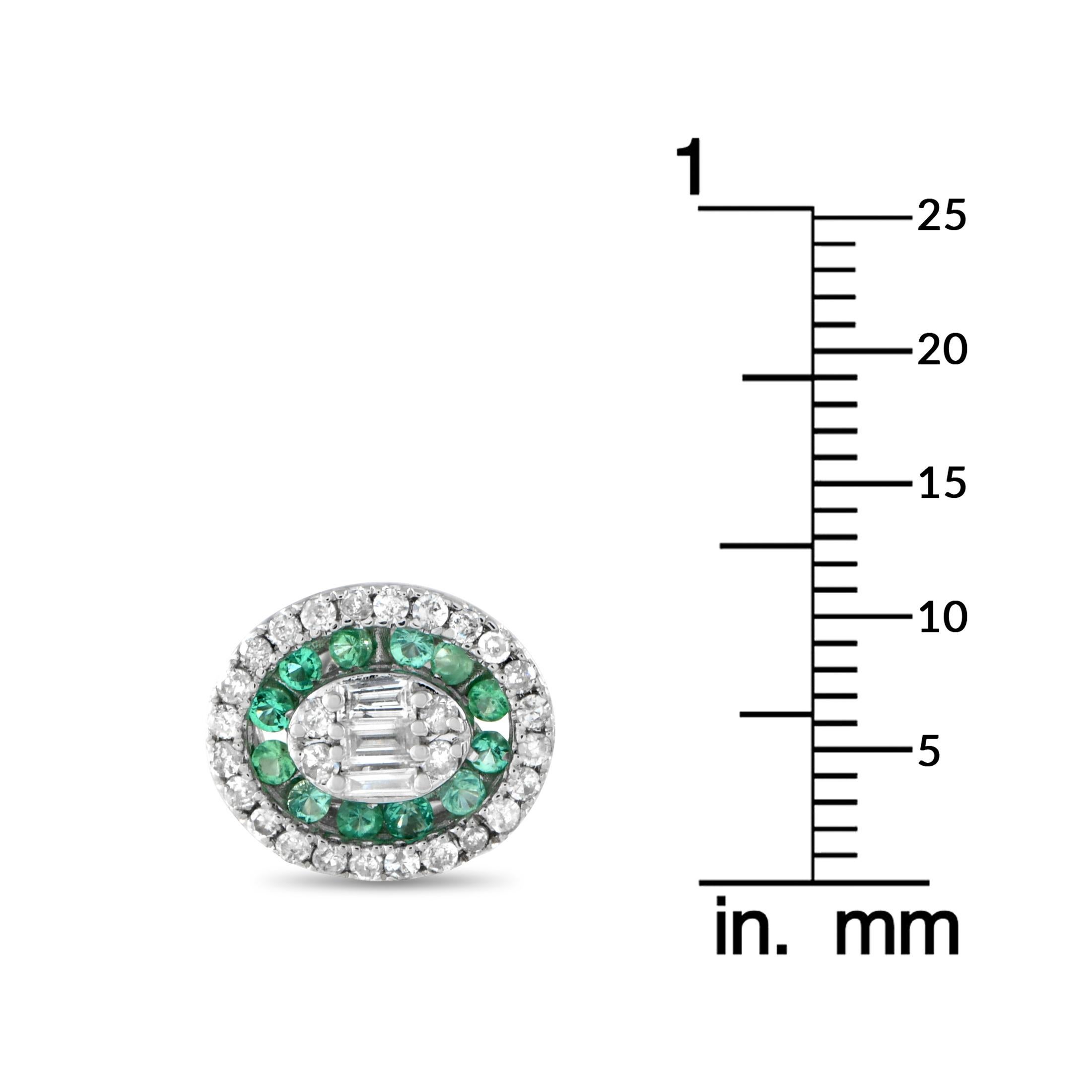 Round Cut 14K White Gold 0.40ct Diamond and Emerald Oval Halo Stud Earrings For Sale