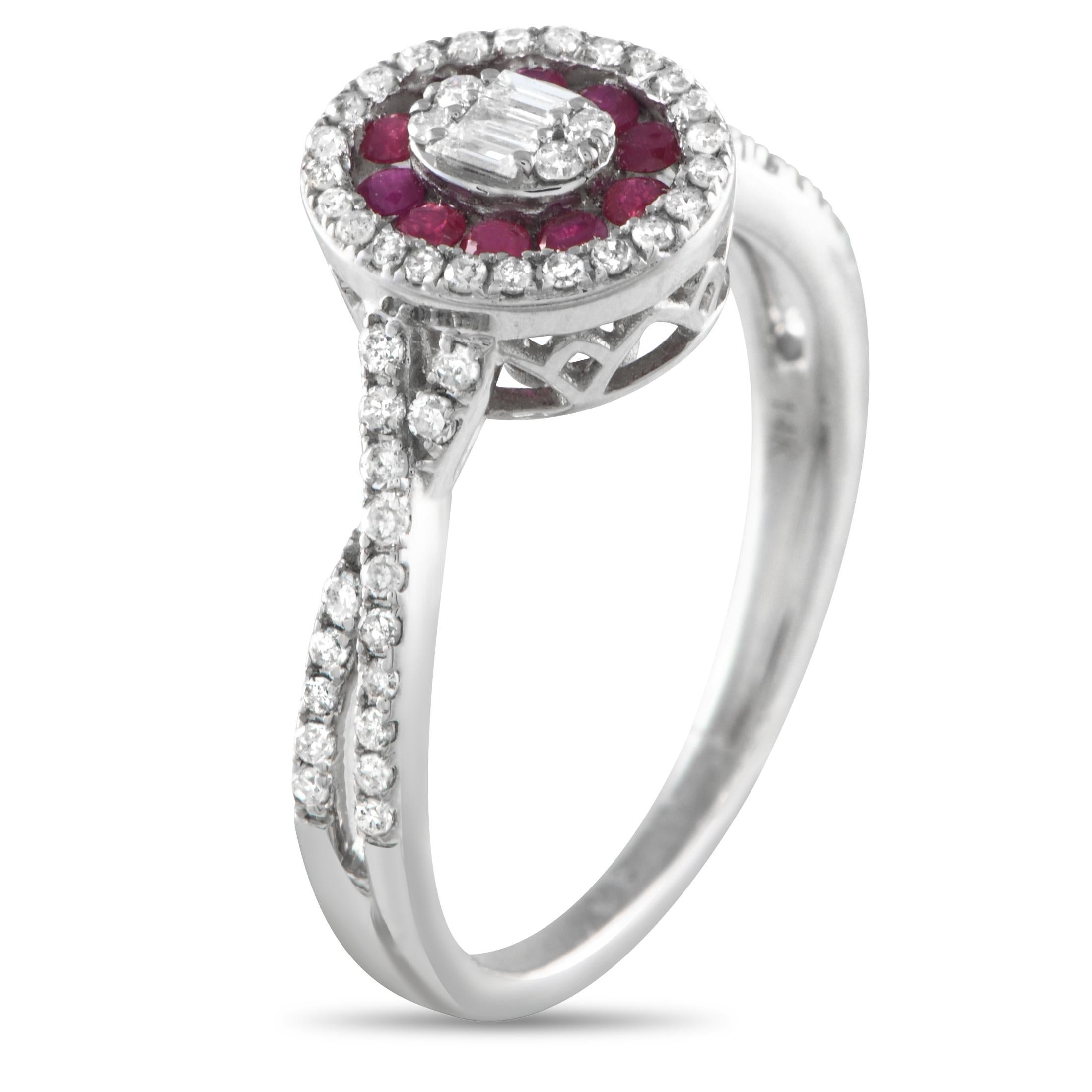 This diamond and ruby ring, offer an easy way to transform your look. Crafted from 14K white gold, the oval-shaped diamond clusters elegantly frame vibrant rubies and a shimmering diamond center. This brand new 14K White Gold 0. 40 ct Diamond and 0.