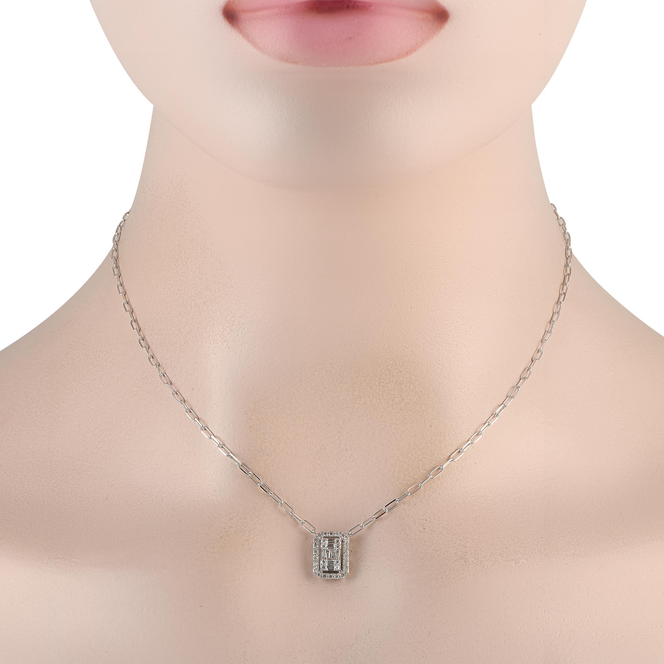 A necklace designed with all-day sparkle in mind. This piece features a slender paperclip chain and a rectangular pendant. The pendant shines with a cluster of round and baguette diamonds surrounded by a rounded rectangle frame of more round