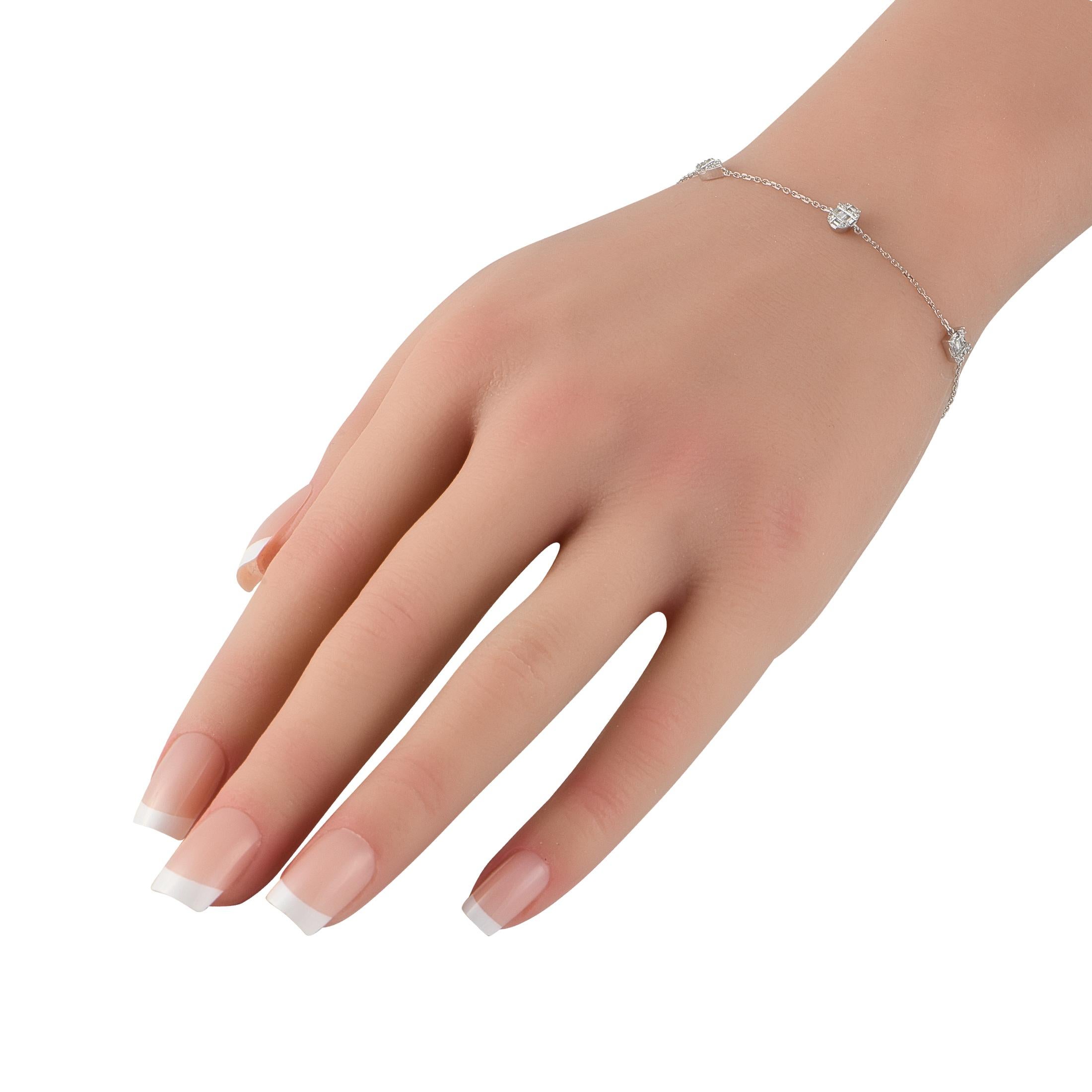 This stunning 14K White Gold bracelet is stylish enough for wear alone but understated enough to be layered with other luxury pieces. Incredibly elegant, the 7 chain is elevated by sparkling Diamond accents with a total weight of 0.40 carats. It
