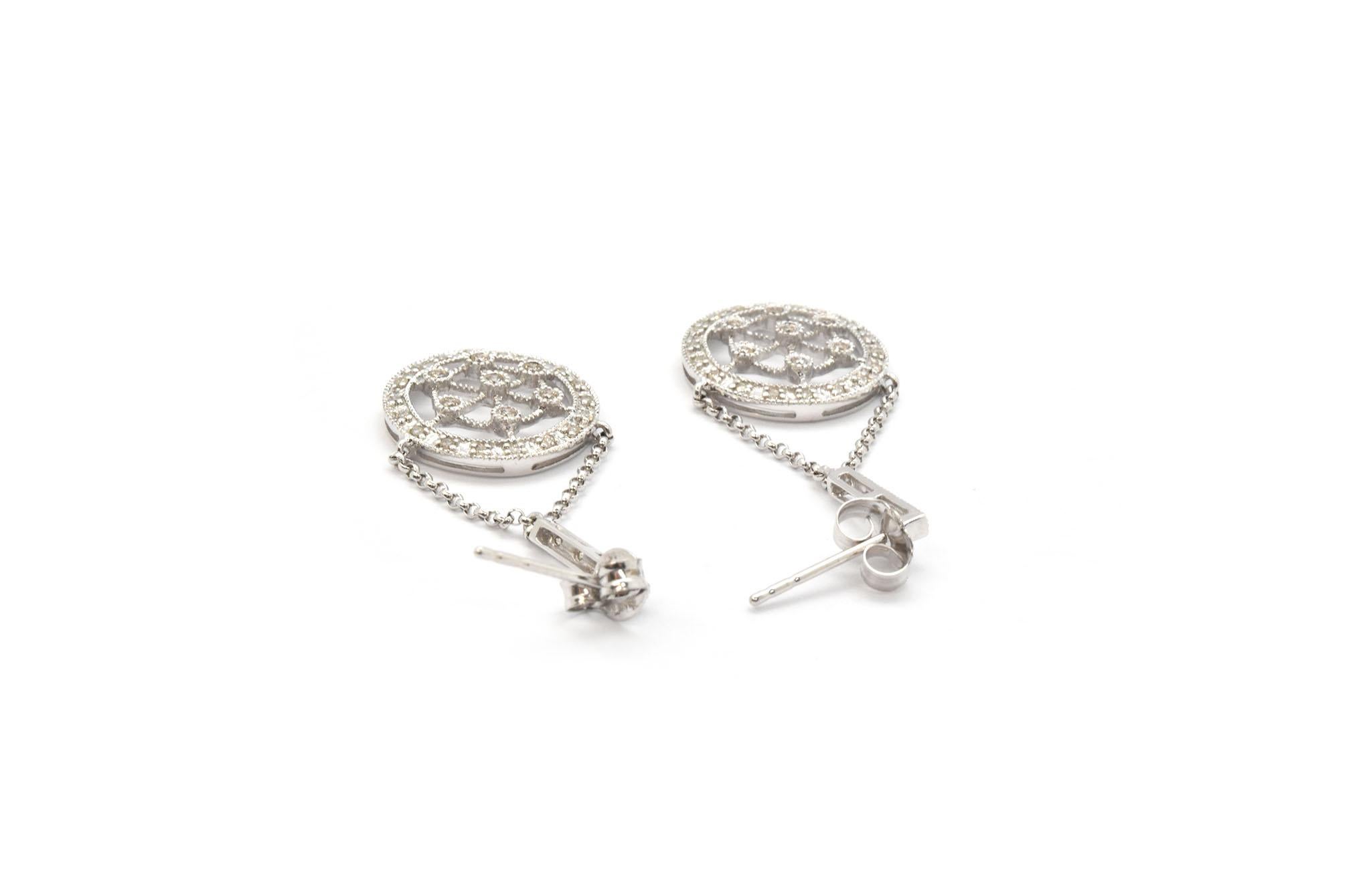 Women's 14 Karat White Gold 0.40 Carat Diamond Circle Dangling Earrings For Sale