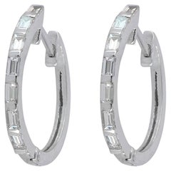 14K White Gold 0.41 CT Natural Baguette Diamond Channel-Set Huggie Hoop Earrings