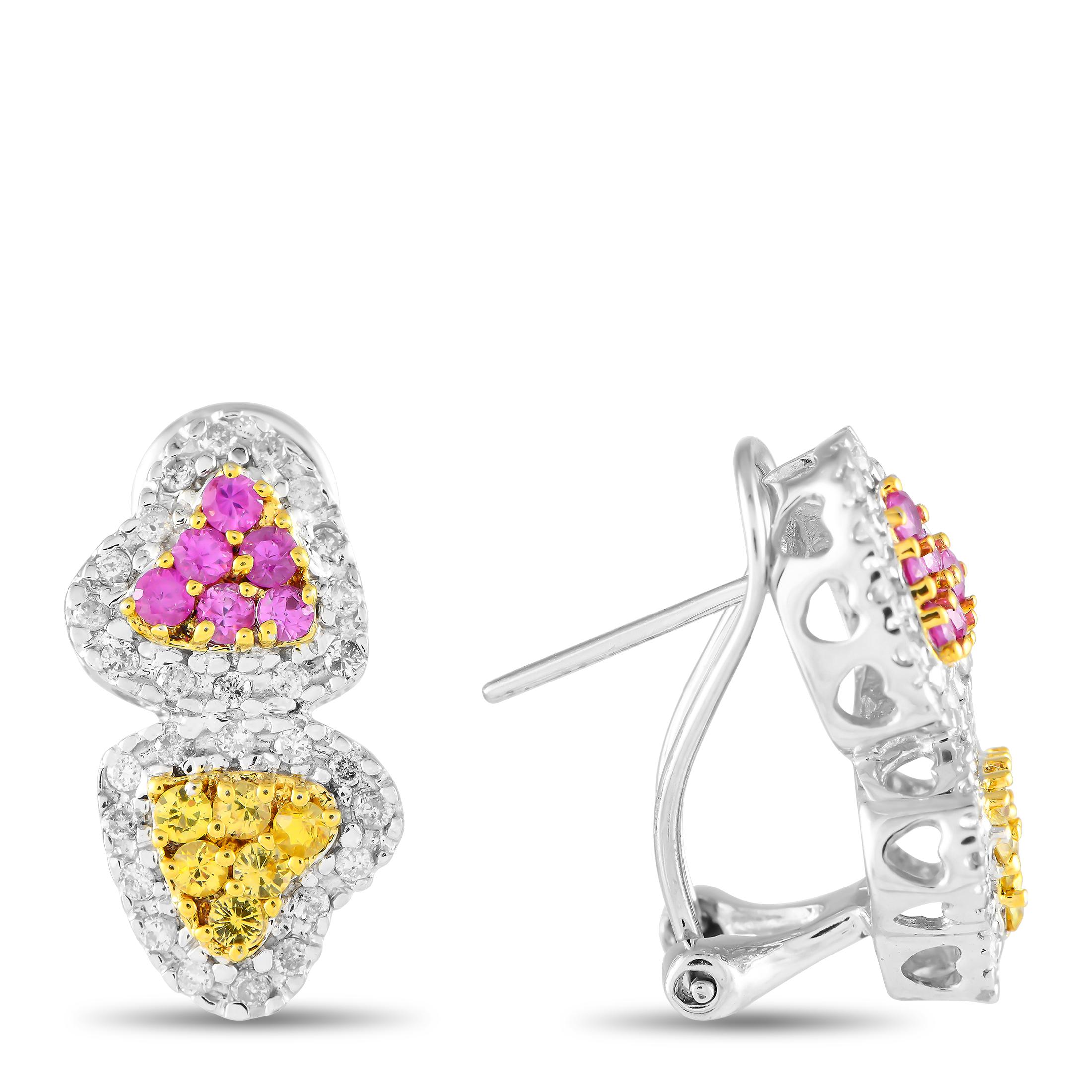 Les couleurs vives et les pierres précieuses étincelantes rendent ces boucles d'oreilles de luxe instantanément captivantes. Les saphirs étincelants d'un poids total de 0,67 carat les rendent tout simplement inoubliables. Les diamants d'un poids