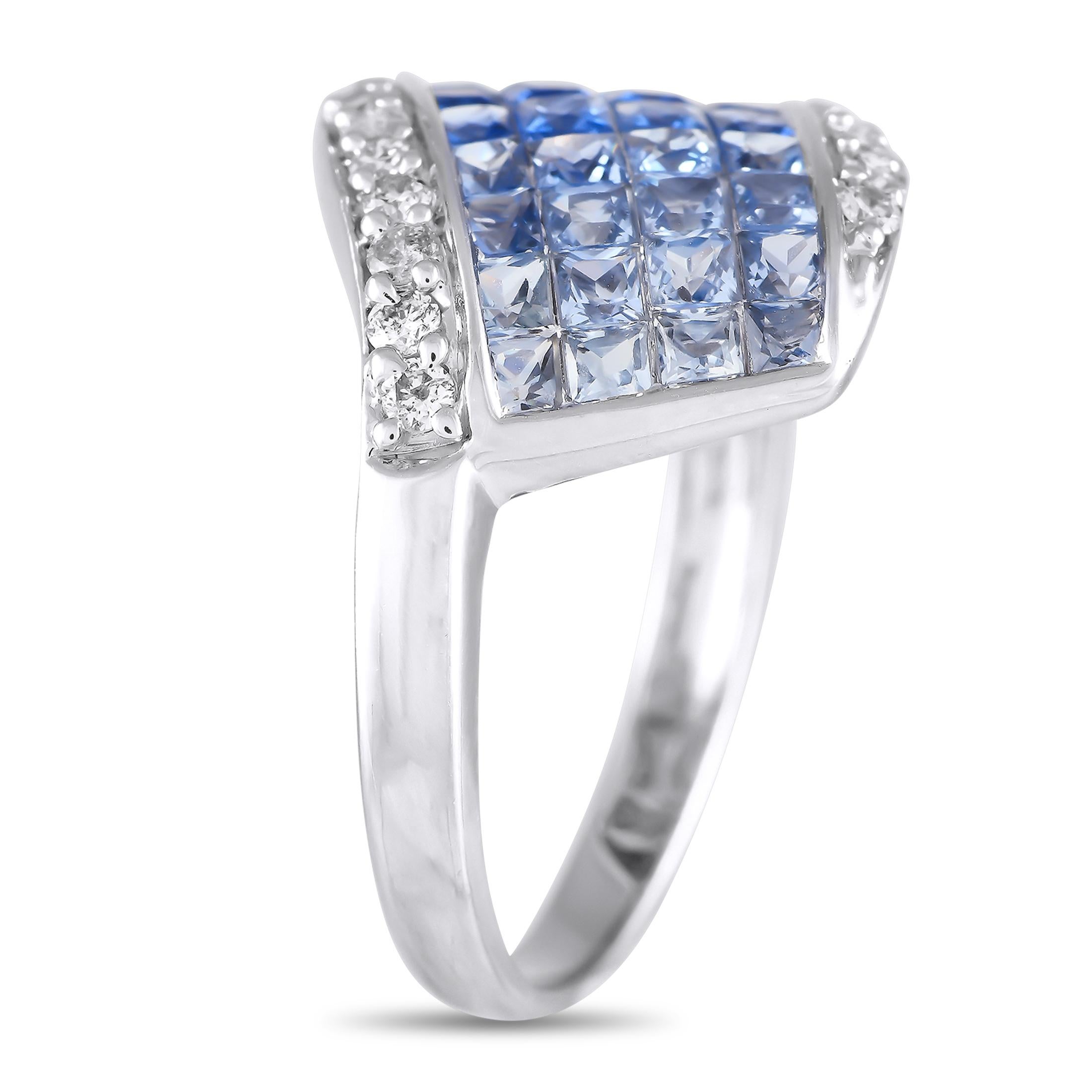 This luxury ring is simply unforgettable. Sapphires totaling 1.90 carats in a gradient pattern are instantly captivating. Diamond accents with a total weight of 0.42 carats add extra sparkle to each edge of the design. Crafted from 14K White Gold,