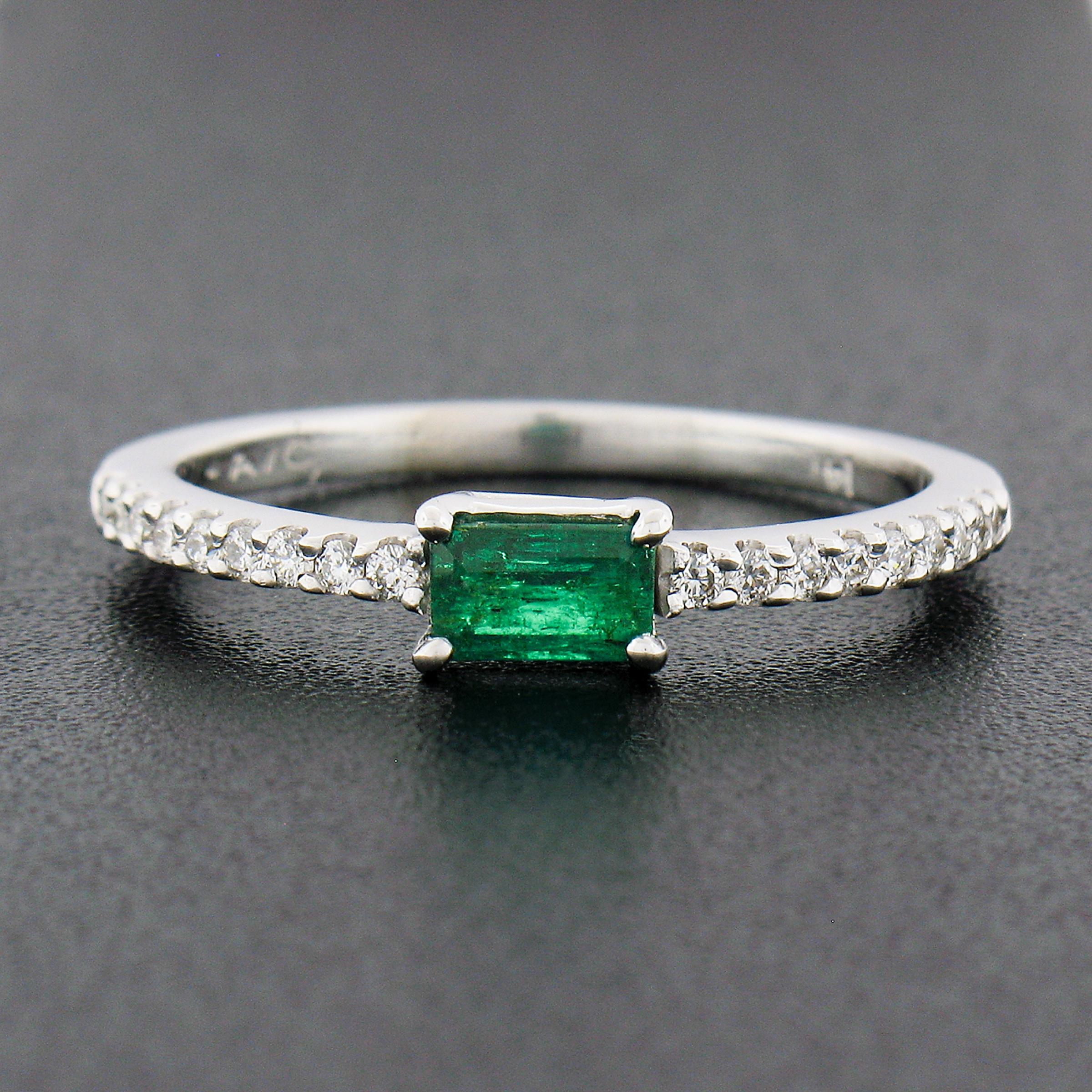 Emerald Cut 14k White Gold 0.44ctw Emerald & Diamond Sideways Engagement Stackable Band Ring