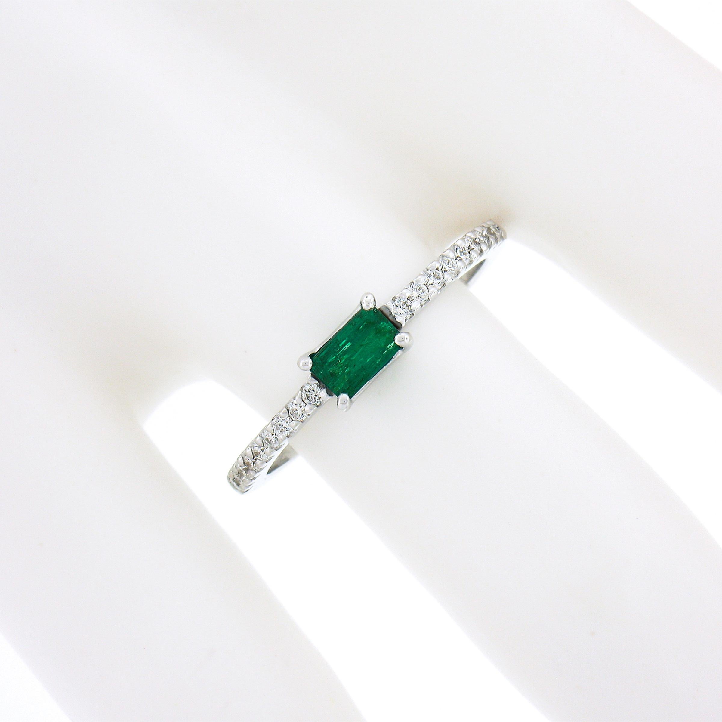 14k White Gold 0.44ctw Emerald & Diamond Sideways Engagement Stackable Band Ring In New Condition In Montclair, NJ