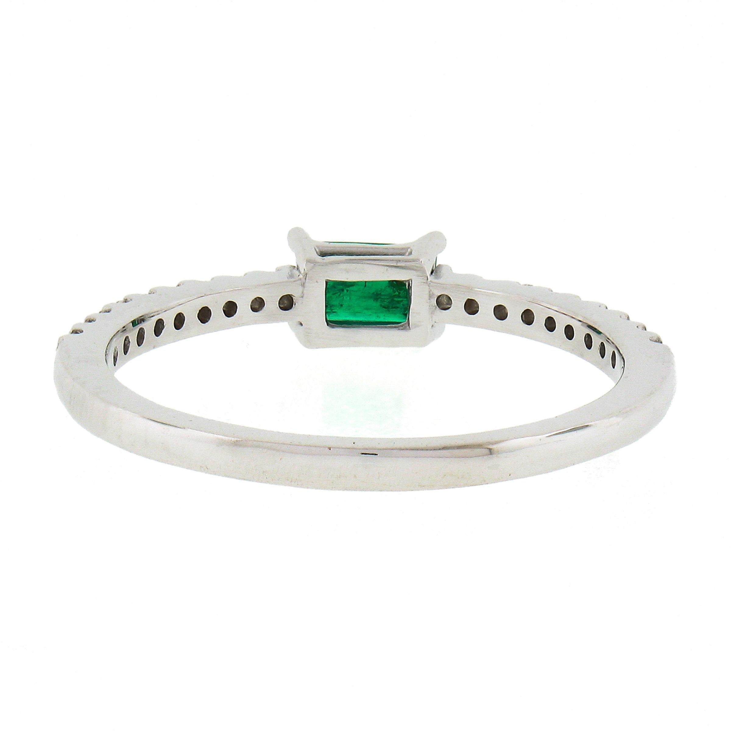 14k White Gold 0.44ctw Emerald & Diamond Sideways Engagement Stackable Band Ring 2