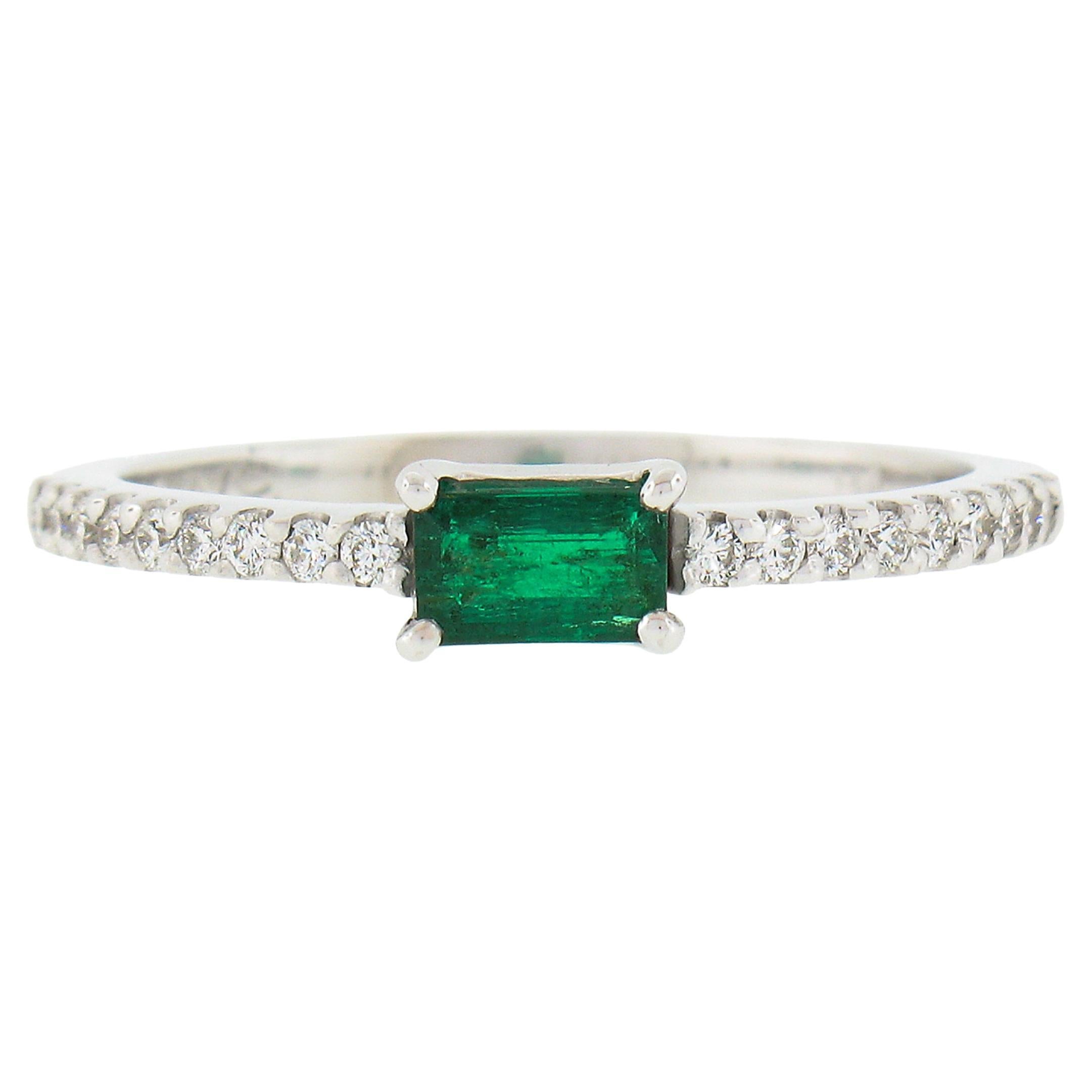 14k White Gold 0.44ctw Emerald & Diamond Sideways Engagement Stackable Band Ring