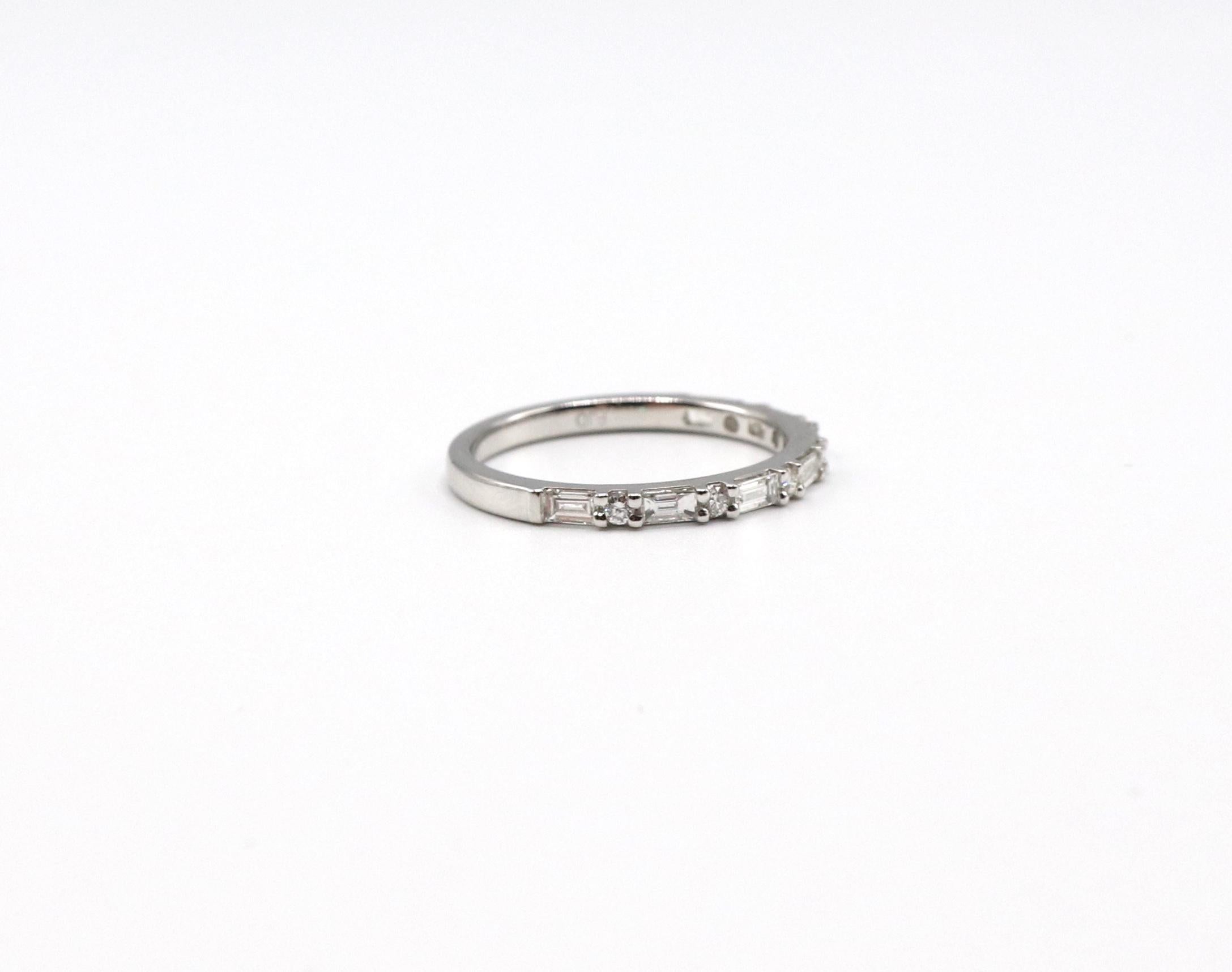 Modern 14K White Gold 0.45 Carat Round & Baguette Diamond Wedding Band Stackable Ring