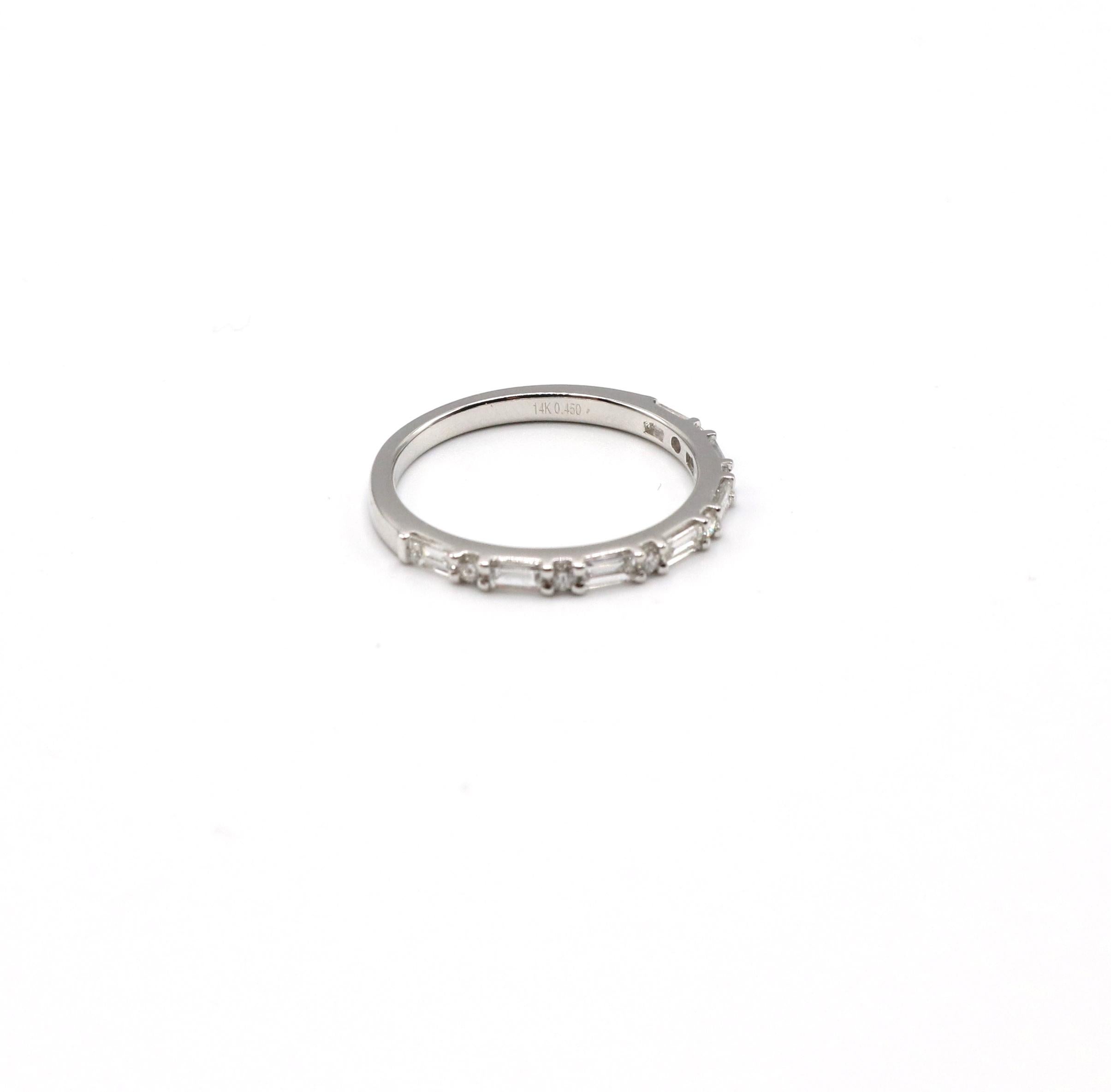 14K White Gold 0.45 Carat Round & Baguette Diamond Wedding Band Stackable Ring 1
