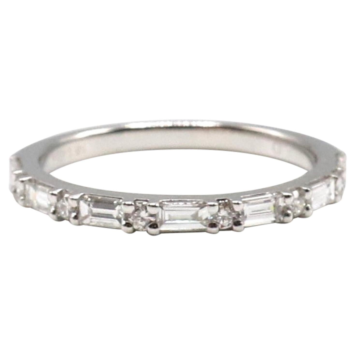 14K White Gold 0.45 Carat Round & Baguette Diamond Wedding Band Stackable Ring