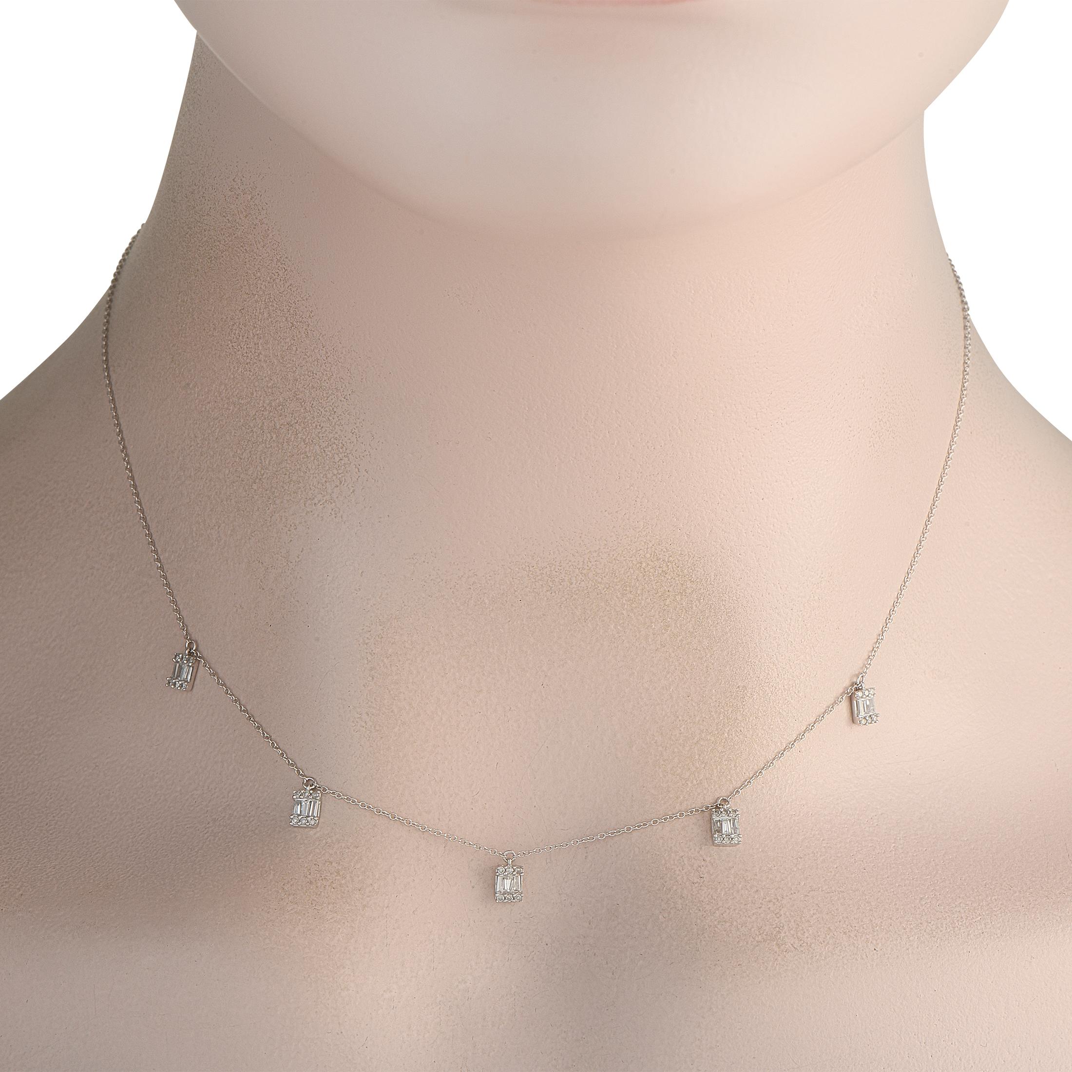 This 14K White Gold necklace is as effortless as it is elegant. Ideal for any occasion, the minimalist design features a series of hanging pendants. Diamonds with a total weight of 0.45 carats provide the perfect amount of sparkle. This piece