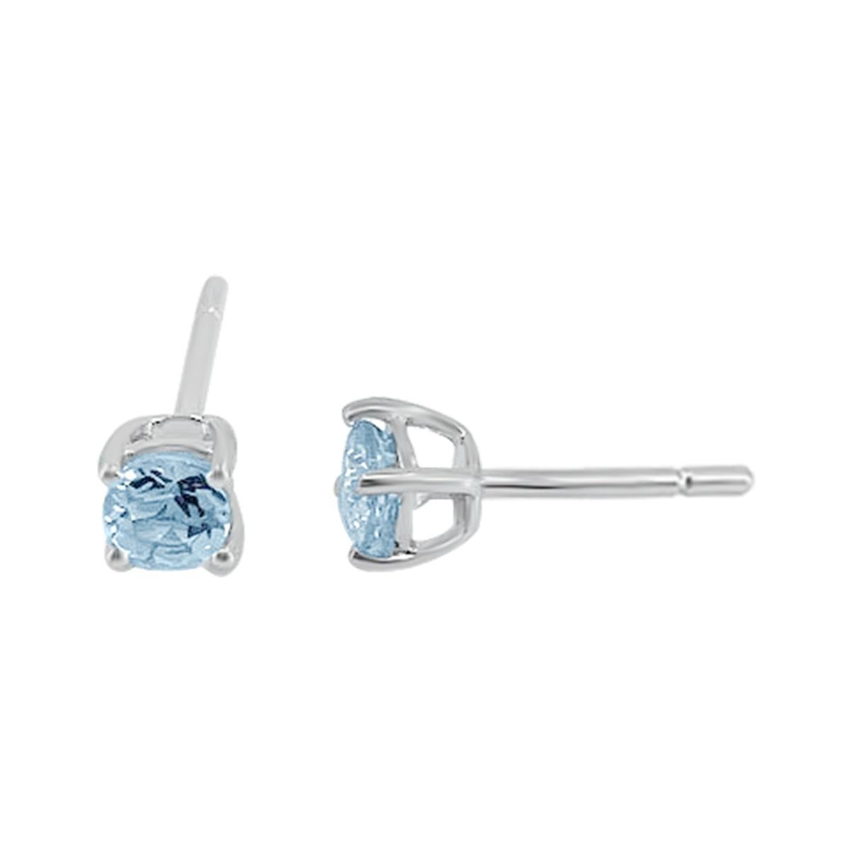 The Stunning pair Of Aqua Blue Stud Earring Featuring  Brilliant Round Cut Aquamarine Gemstones. Set In Classic Four Prong Setting Crafted In 14K White Gold.
This Beautiful Pair Of 4mm Round Aquamarine Studs Are The Perfect Way To Add Class And