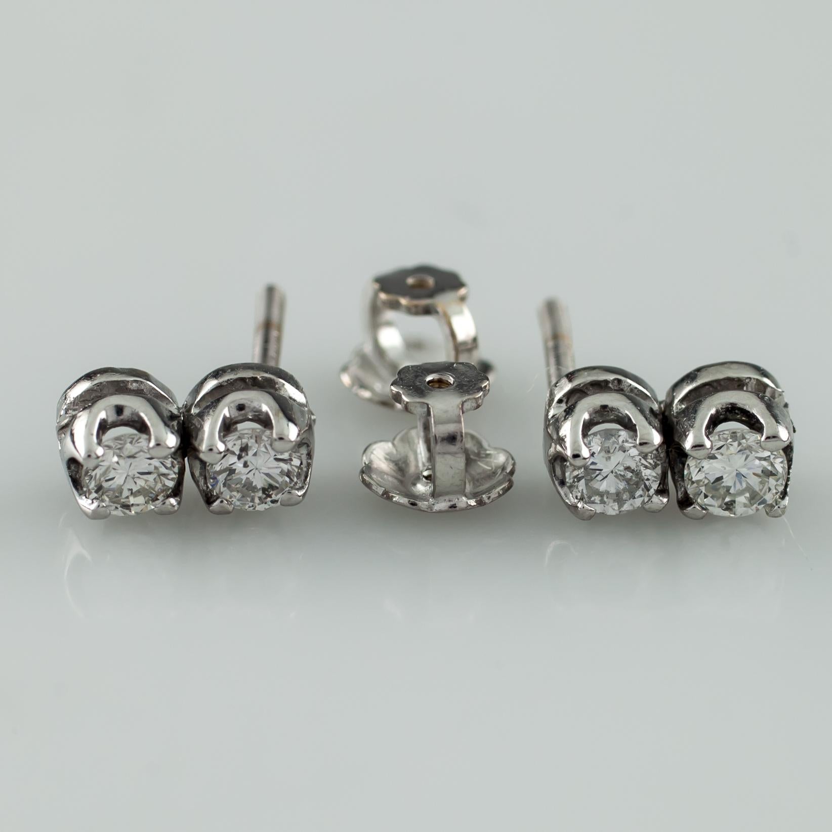 Modern 14k White Gold 0.48 Carat Diamond Double Stud Drop Earrings For Sale