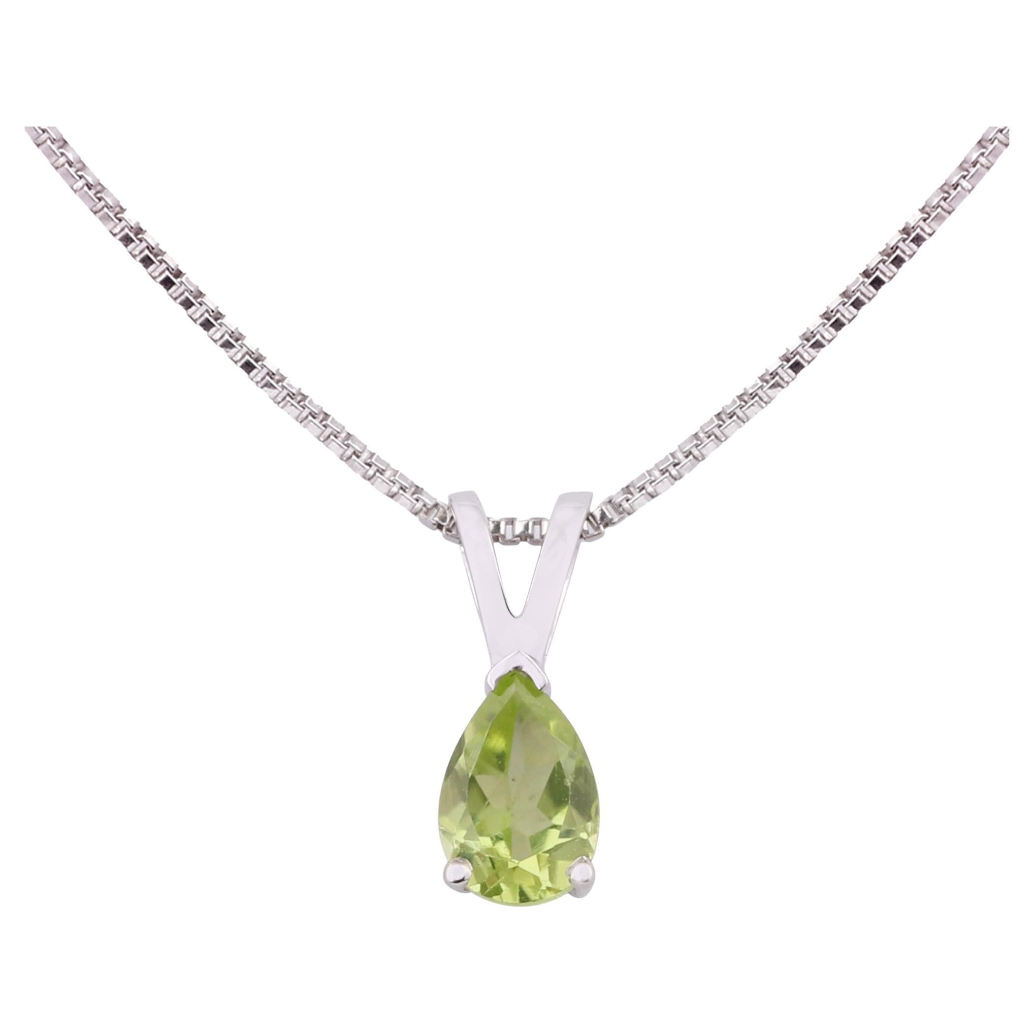 14K White Gold 0.490 Ctw Natural Peridot Solid Dainty Charm Teardrop Pendant