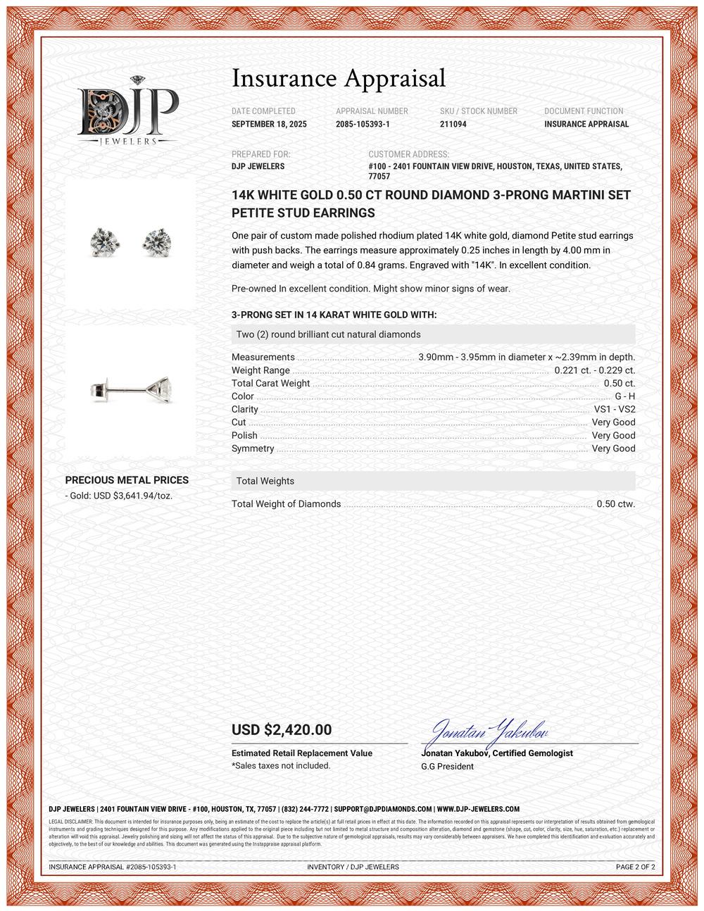 Boucles d'oreilles Petite en or blanc 14K serties de diamants ronds 0.50 CT 3-Prong Martini en vente 5