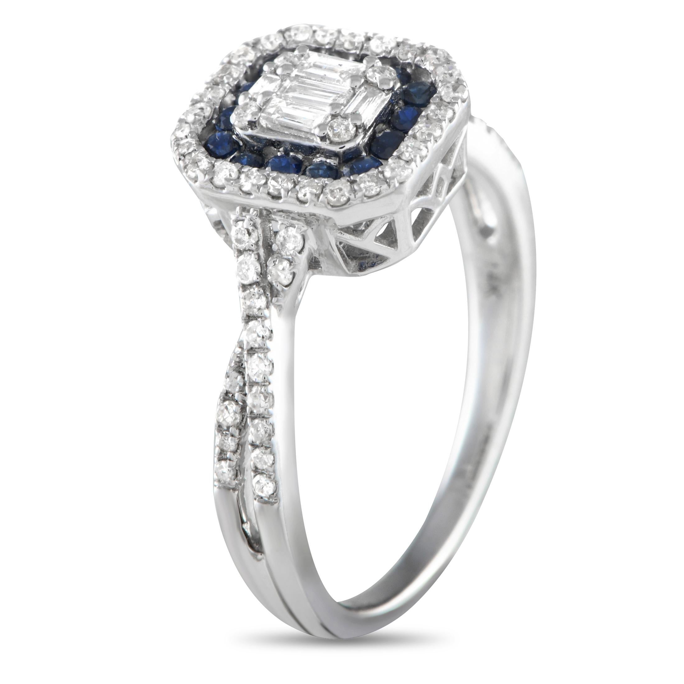 This diamond and sapphire ring, offers an easy way to transform your look. Crafted from 14K white gold, the cushion-shaped diamond clusters elegantly frame vibrant blue sapphires and a shimmering diamond center. This brand new 14K White Gold 0. 50