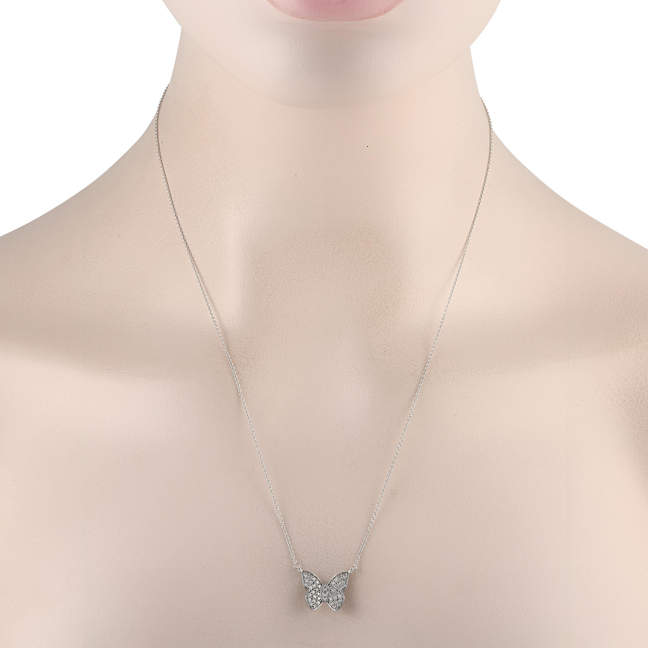 A charming butterfly-shaped pendant measuring 0.50 long by 0.65 wide is suspended at the center of a 20 chain on this exquisite necklace. The pendant is crafted from 14K White Gold and comes to life thanks to sparkling Diamonds with a total weight