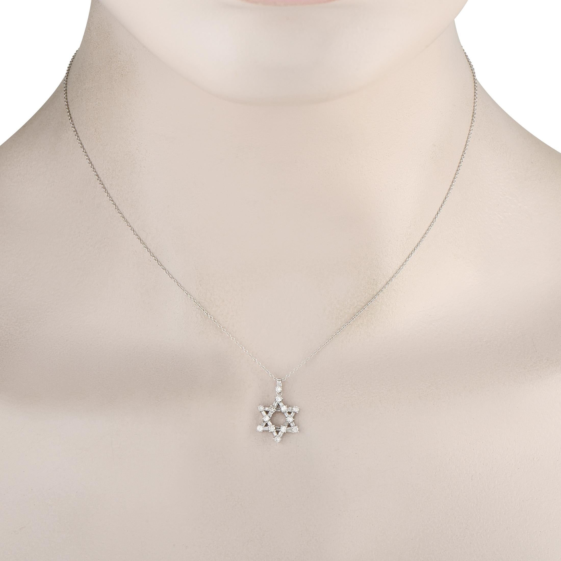 Crafted from 14K White Gold, this necklace will effortlessly add a touch of luxury to any outfit. A six pointed star pendant covered in Diamonds totaling 0.50 carats makes this stunning accessory simply unforgettable. The pendant measures 0.75 long