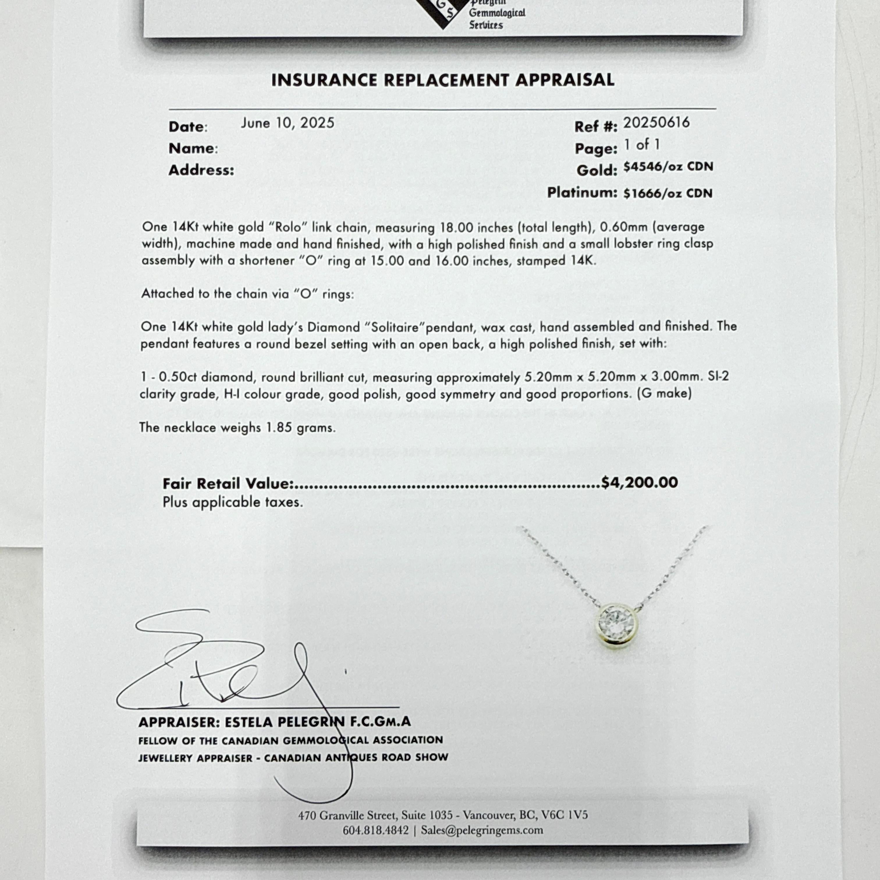 14K White Gold 0.50ct Natural Diamond 18 Inch Adjustable Solitaire Necklace For Sale 2