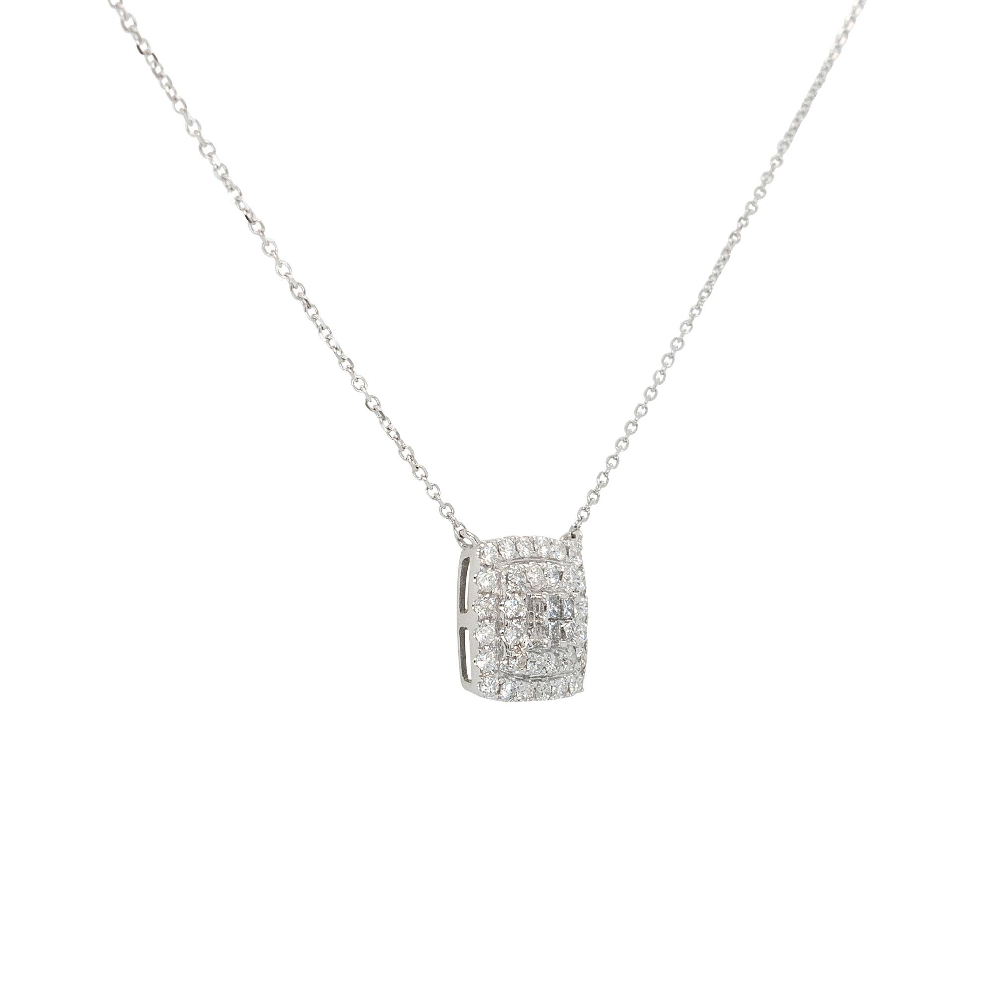 Pendant Details:
0.50ctw Round Brilliant Natural Diamonds
11mm x 5mm x11mm
Chain Details: 14k White Gold
Chain Size: 16