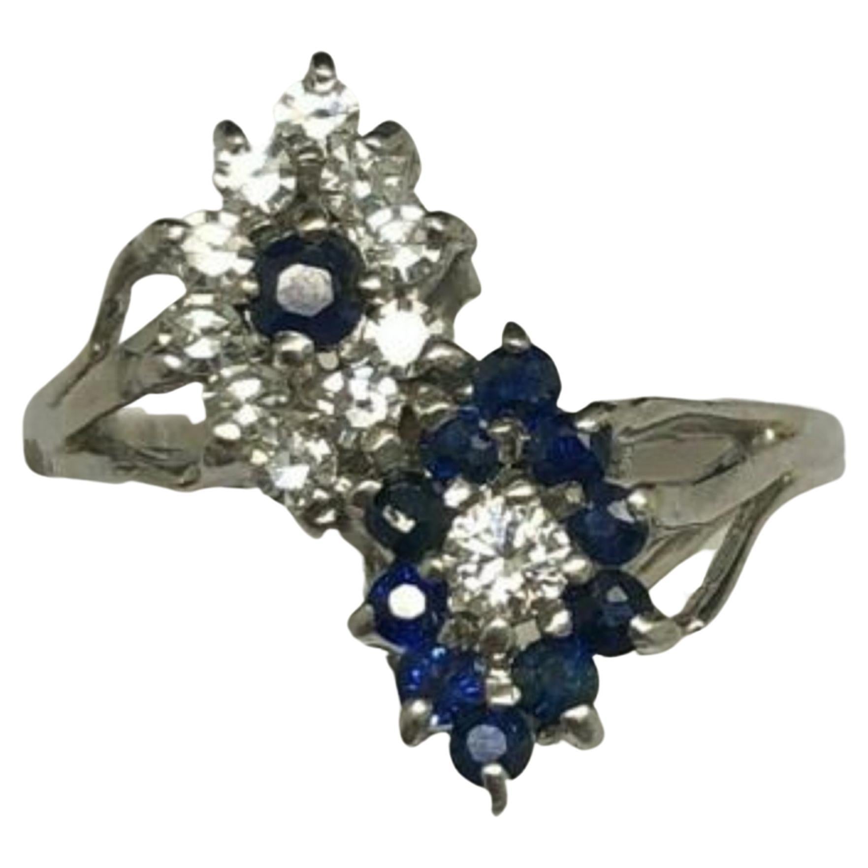 14K White Gold 0.50ctw Round Natural Diamond w/Blue Sapphire Cocktail Ring 6