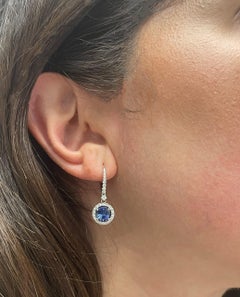 14K White Gold 0.55 Ct Diamond & 2.86 Ct Round Sapphire Drop Earrings