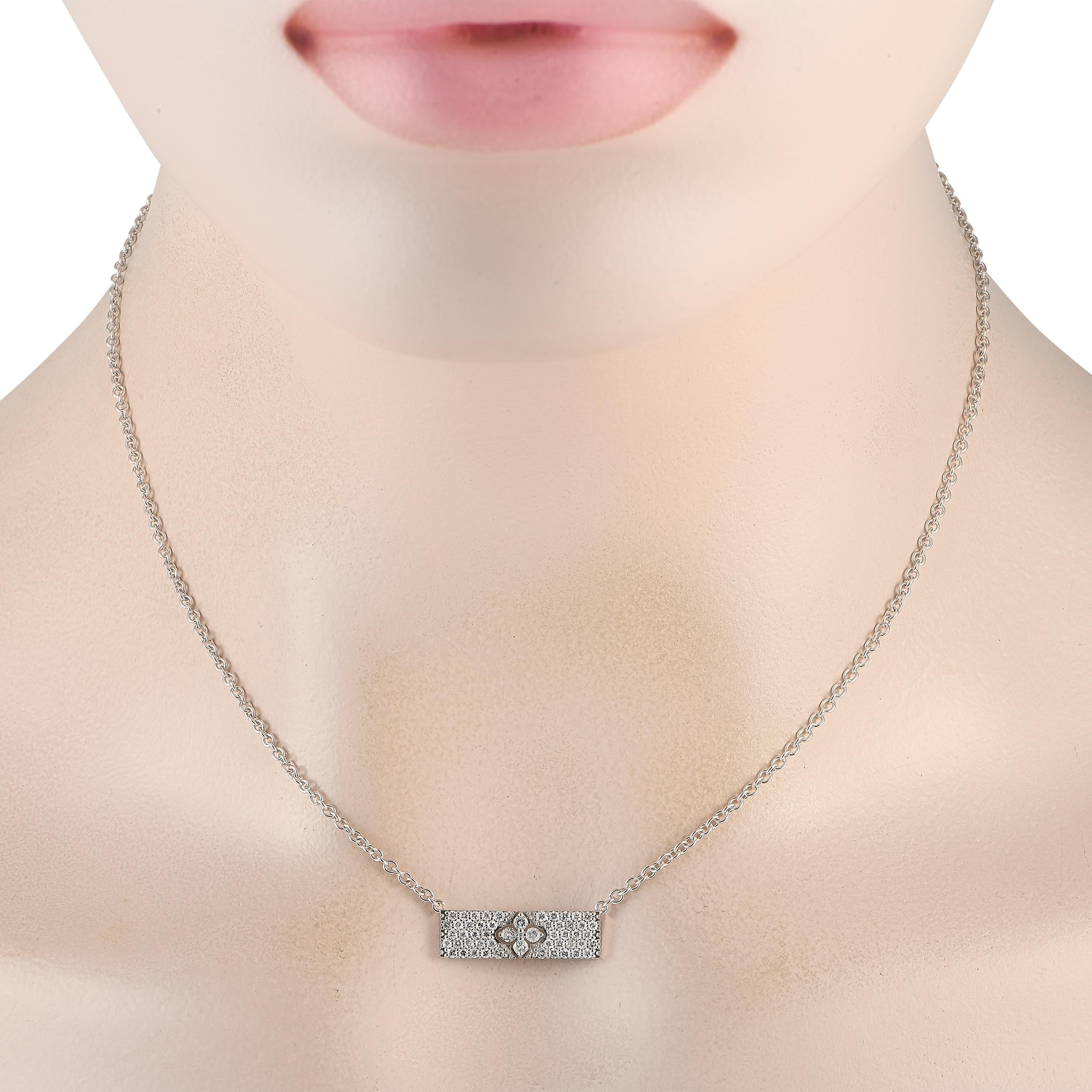 This 14K white gold necklace is undeniably opulent. At the center of the 15 chain, youll find a rectangular pendant measuring 0.25 long by 0.75 wide. Diamonds with a total weight of 0.55 carats allow it to effortlessly catch the light.This jewelry