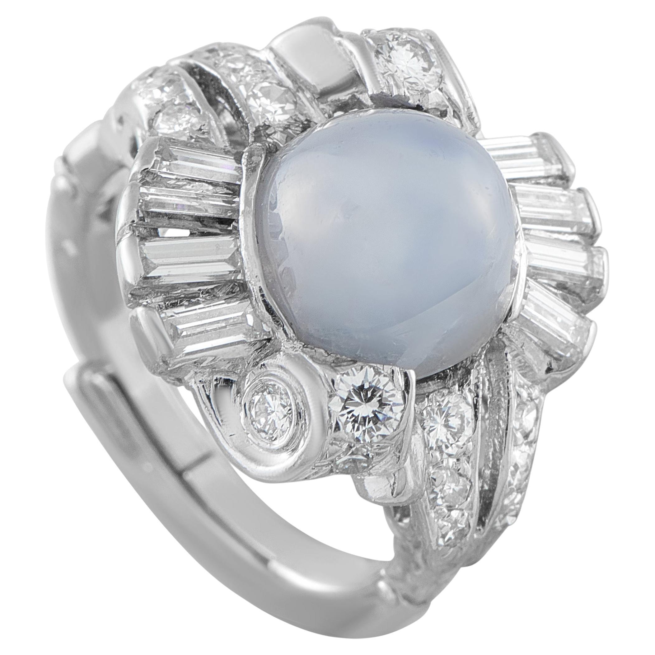 14K White Gold 0.60ct Diamond and Milky Blue Sapphire Cocktail Ring For Sale