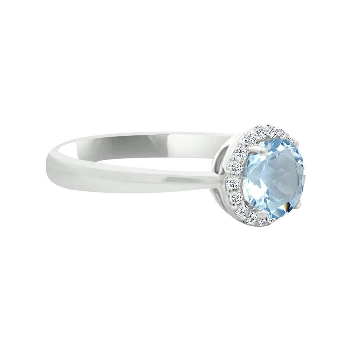 These Elegant And Feminine Aquamarine Ring Features A 6MM Round Shape natural Aquamarine And Round Diamonds Set In Solid 14K White Gold Ring Setting.
The Timeless And Classic Design Of This Aquamarine Gemstone Ring Will Make Your Engagement