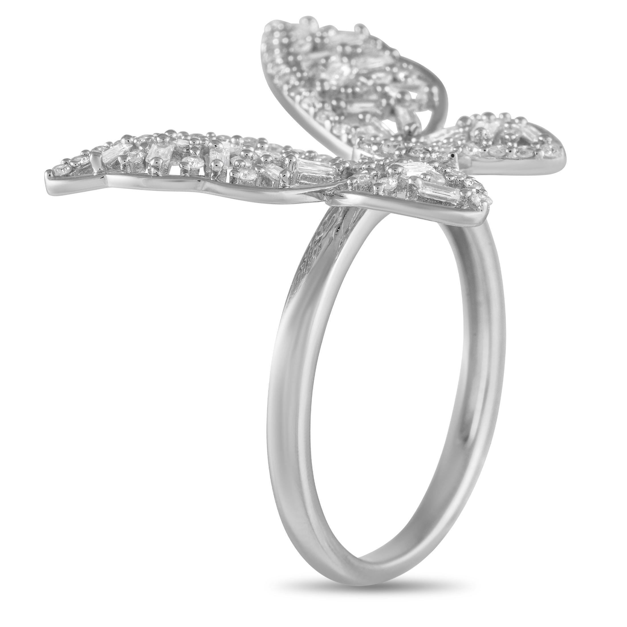 A breathtaking butterfly adds charm and elegance to this radiant ring. Diamonds with a total weight of 0.61 carats allow this ring to reflect light along with your every movement. This pieces 14K white gold setting features a 1mm wide band and a 6mm
