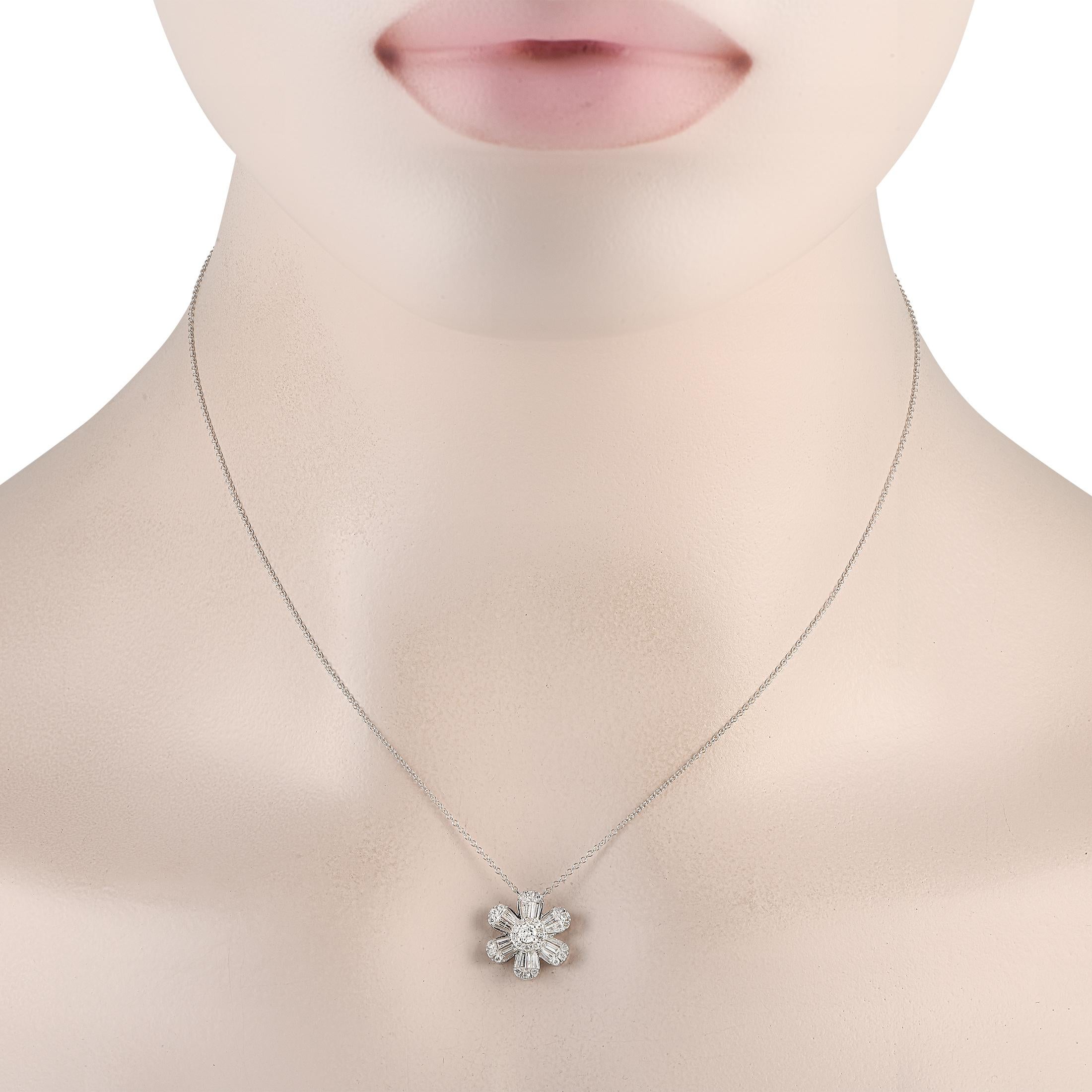 Add a touch of luxury to any ensemble by adding this impeccably crafted necklace. Suspended from a 16 chain, youll find an 14K white gold floral pendant measuring 0.50 round. Diamonds with a total weight of 0.65 carats provide it with the perfect