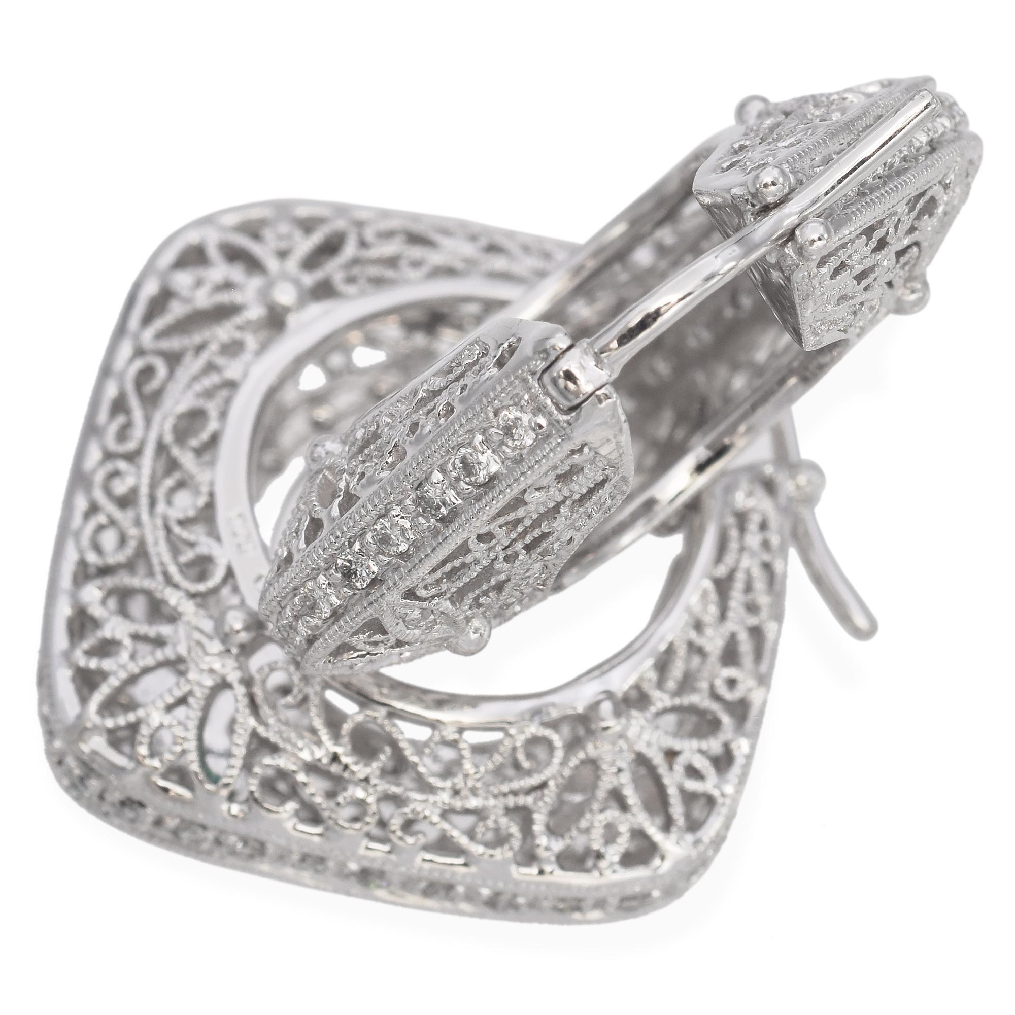 Round Cut 14K White Gold 0.66 TCW Diamond Filigree Square Hoop Earrings