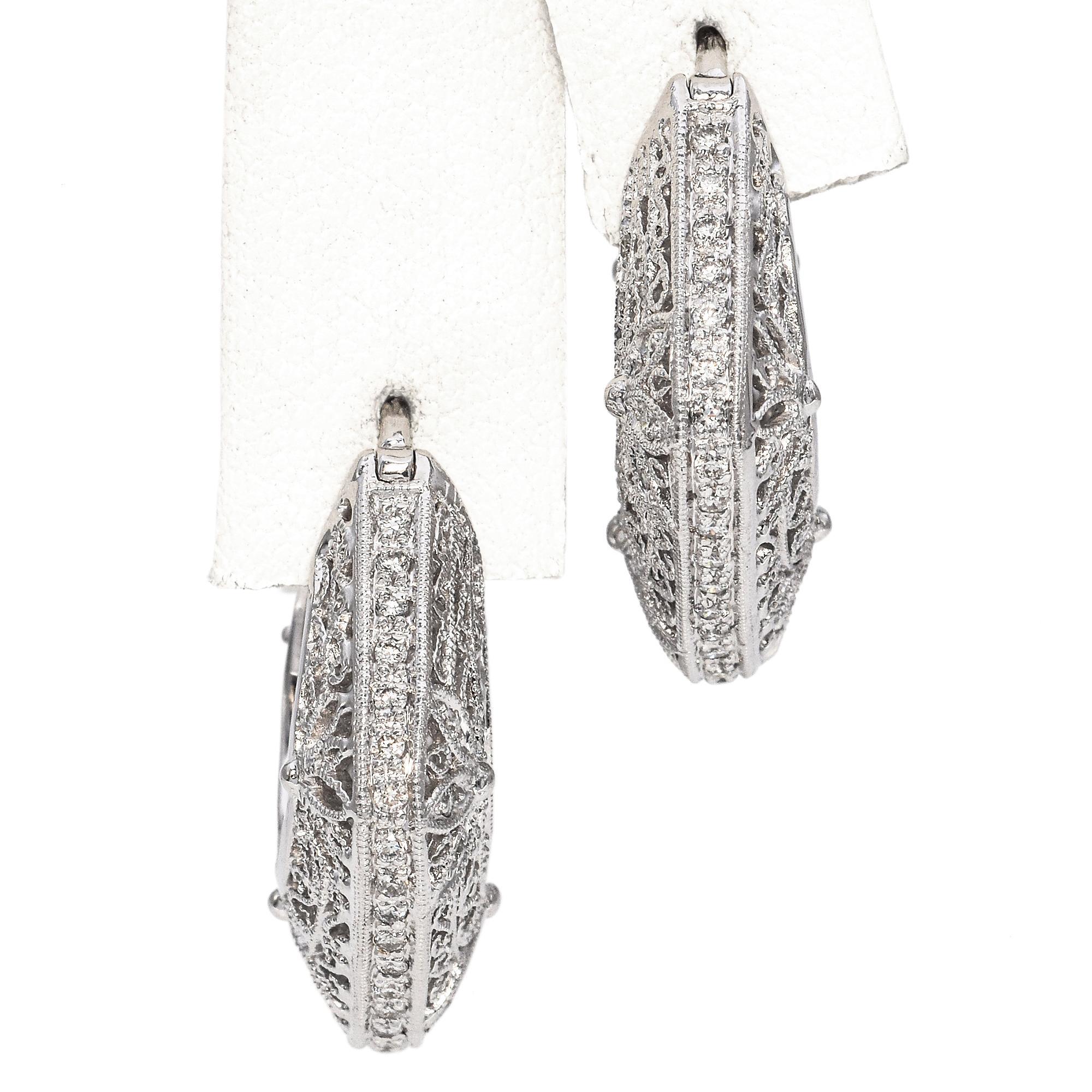 14K White Gold 0.66 TCW Diamond Filigree Square Hoop Earrings In Good Condition In New York, NY