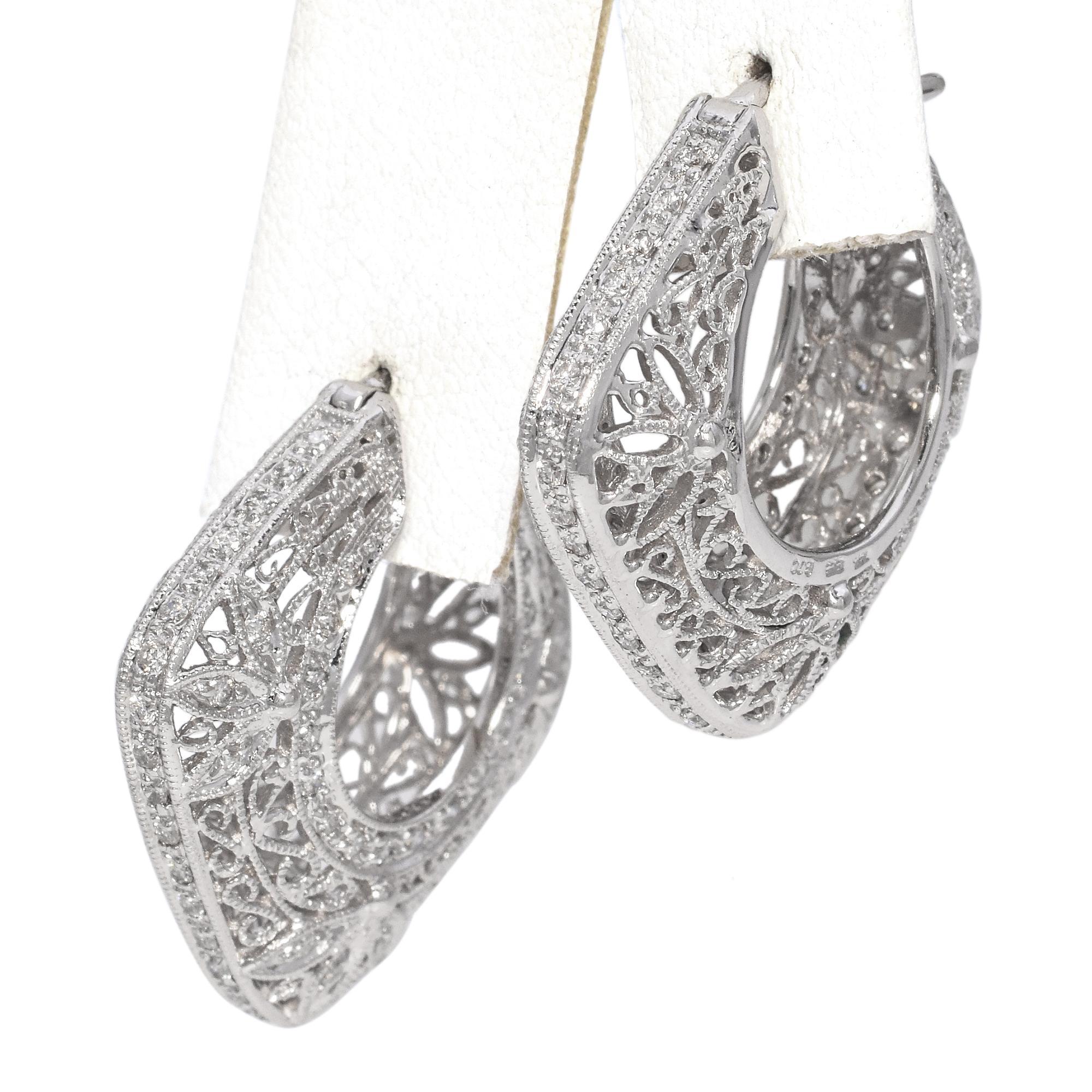 Women's 14K White Gold 0.66 TCW Diamond Filigree Square Hoop Earrings
