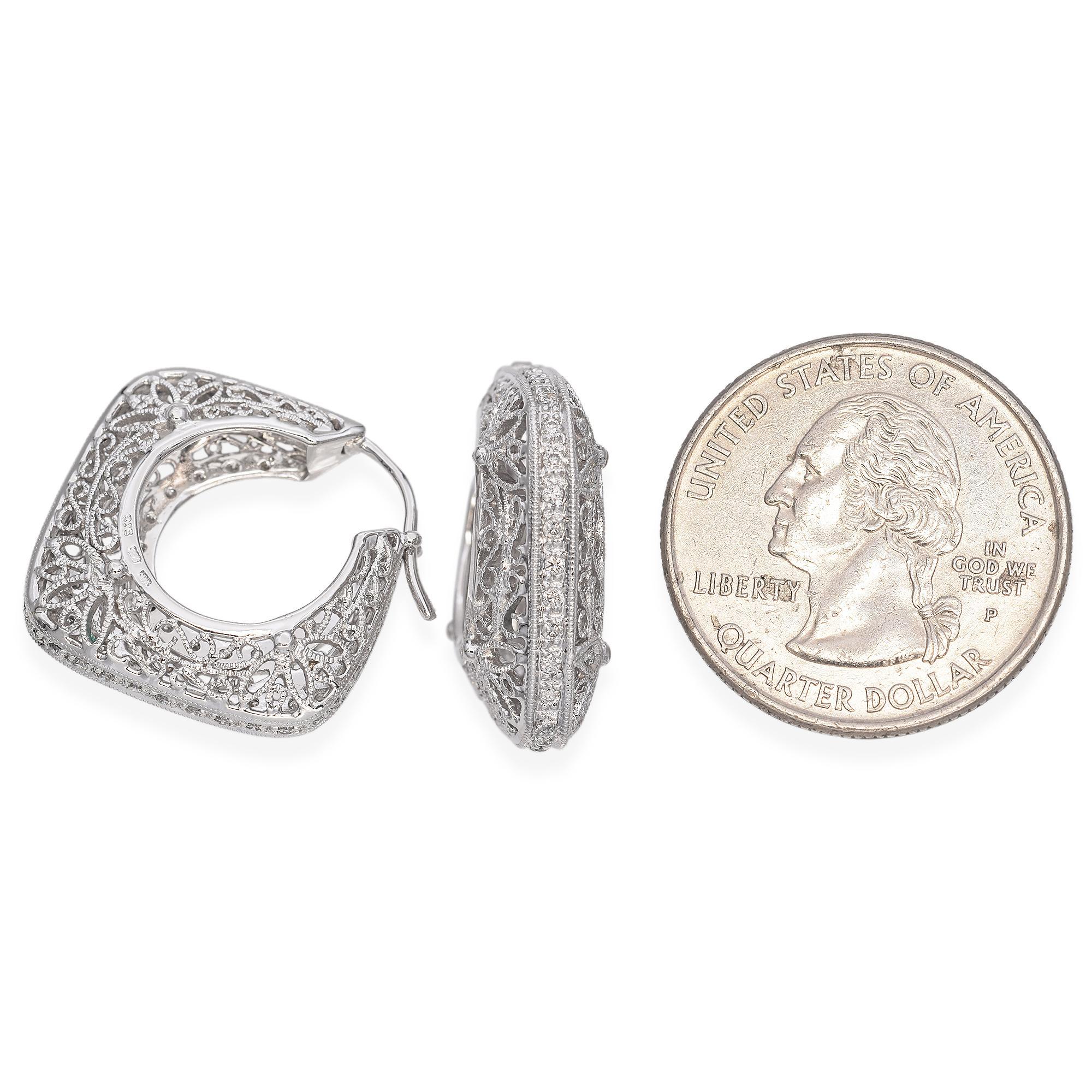14K White Gold 0.66 TCW Diamond Filigree Square Hoop Earrings 1