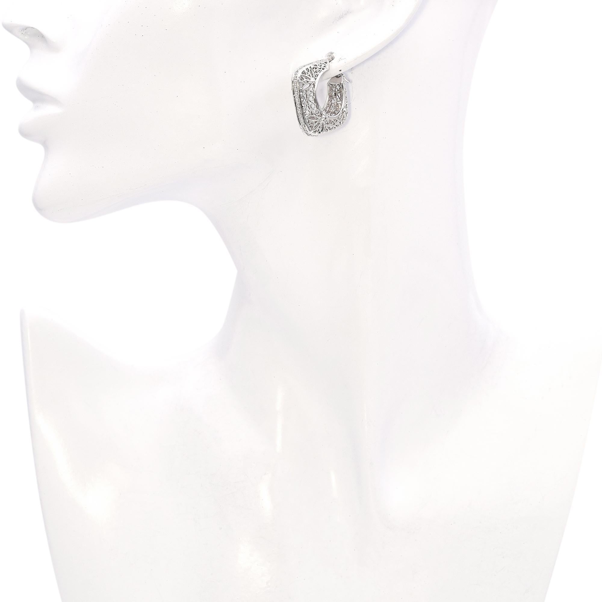 14K White Gold 0.66 TCW Diamond Filigree Square Hoop Earrings 2