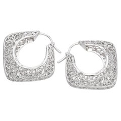 14K White Gold 0.66 TCW Diamond Filigree Square Hoop Earrings