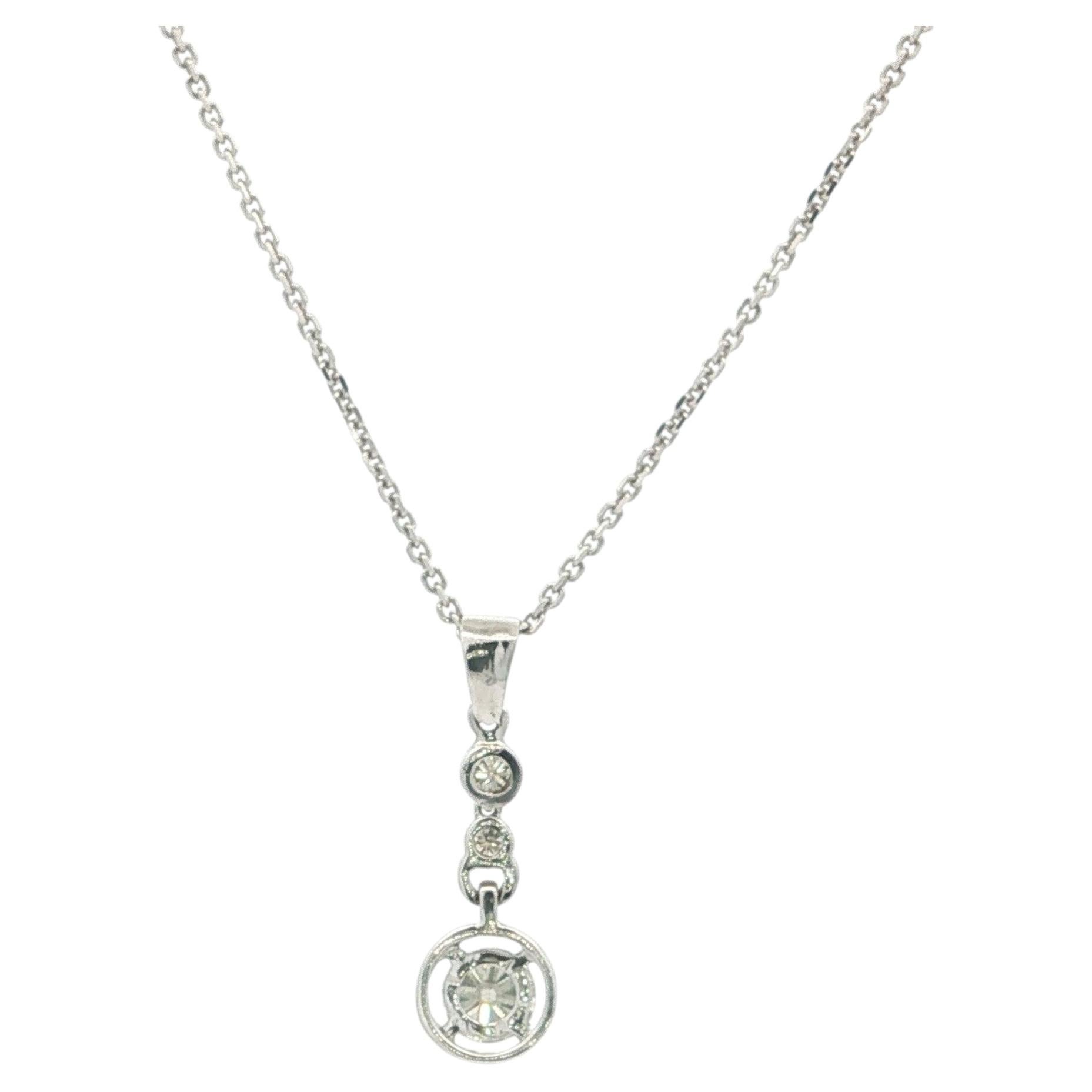 14k White Gold 0.67ctw Round Diamond 3 Stone Target Drop Pendant 16" Necklace