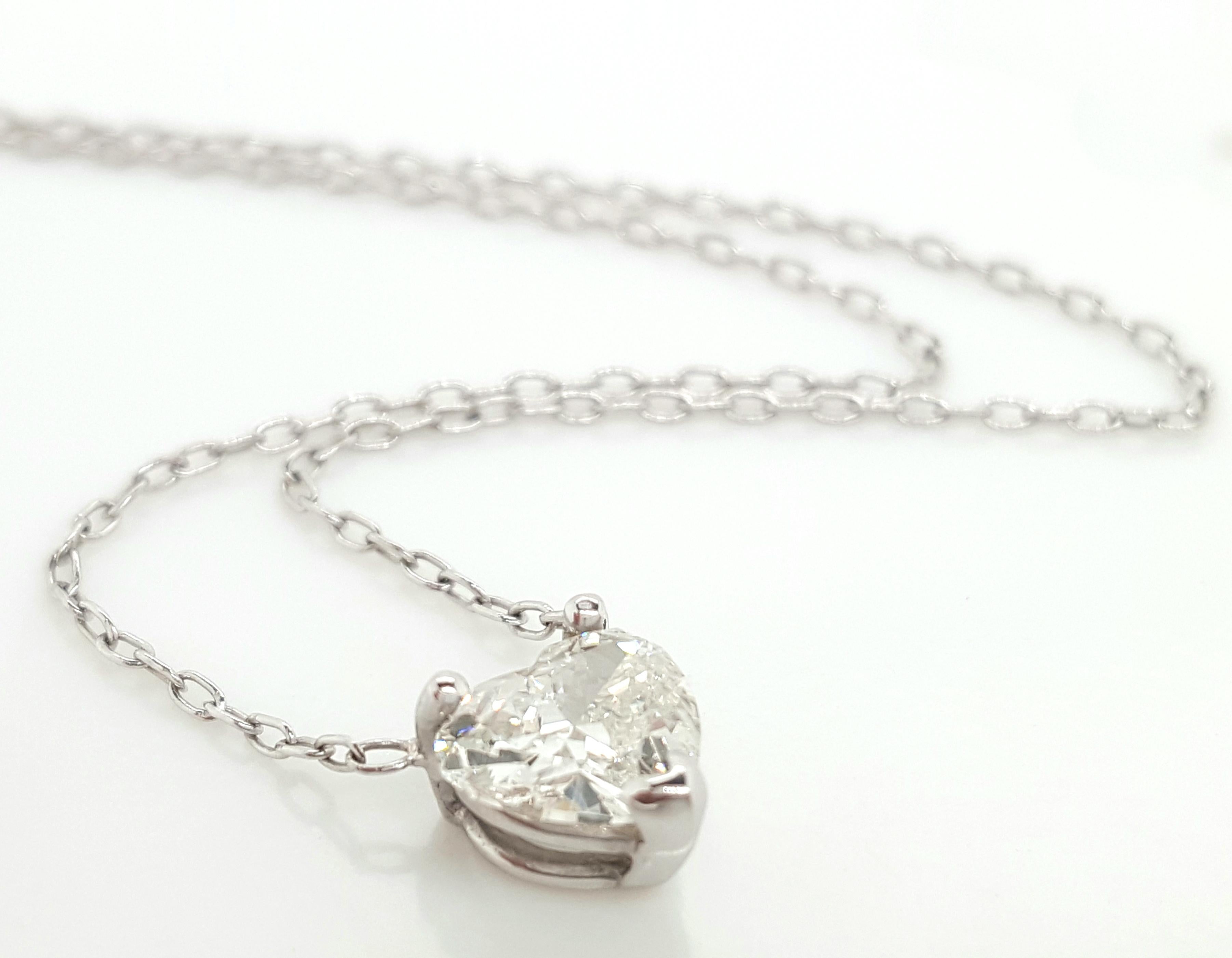 Women's or Men's 14 Karat White Gold 0.70 Carat Heart Cut Diamond Pendant Necklace
