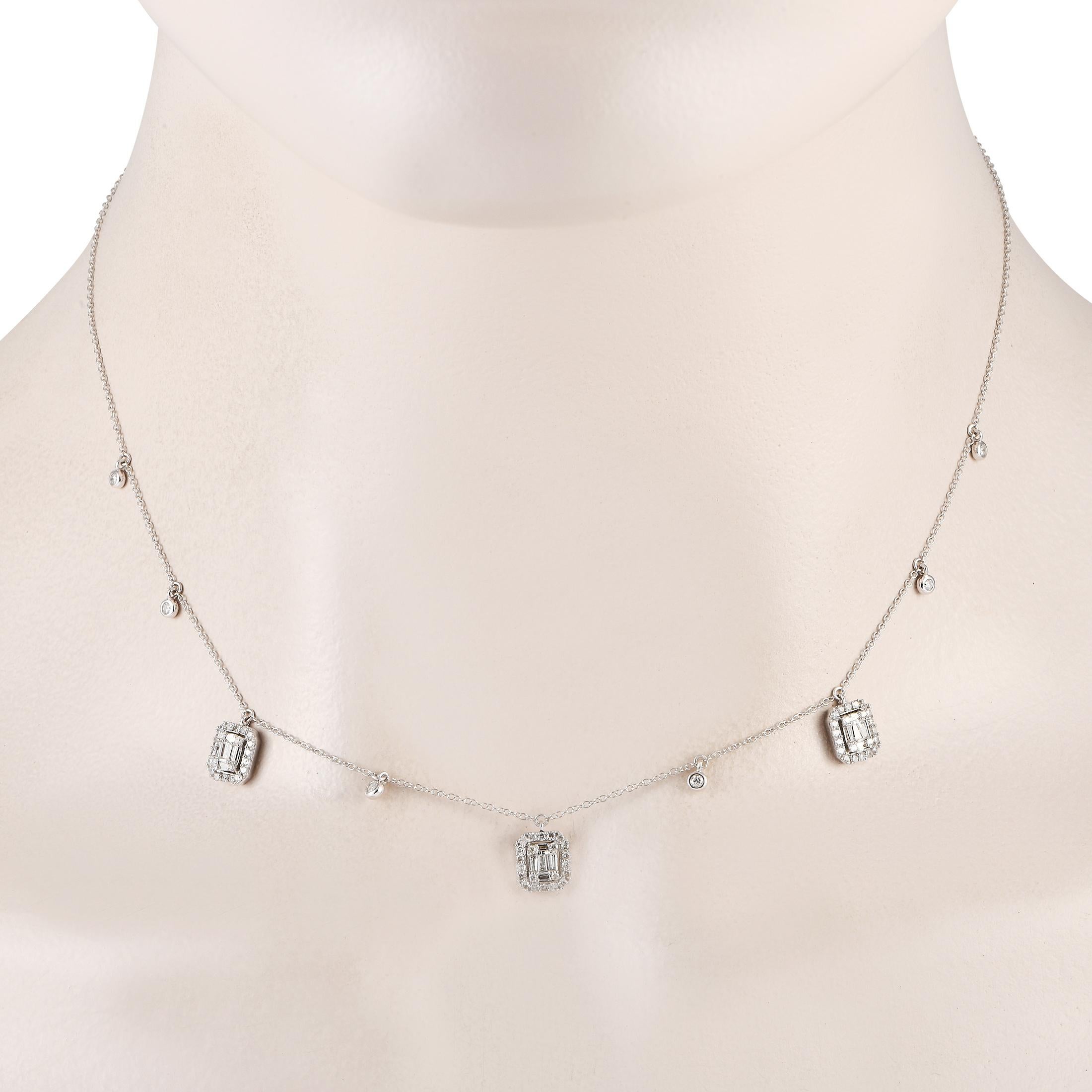 A beautifully made necklace infused with bohemian elegance and a hint of vintage charm. The chain is cast in 14K white gold and features six bezel-set round diamonds set on stations along its length. Three octagonal frames detailed with a cluster of