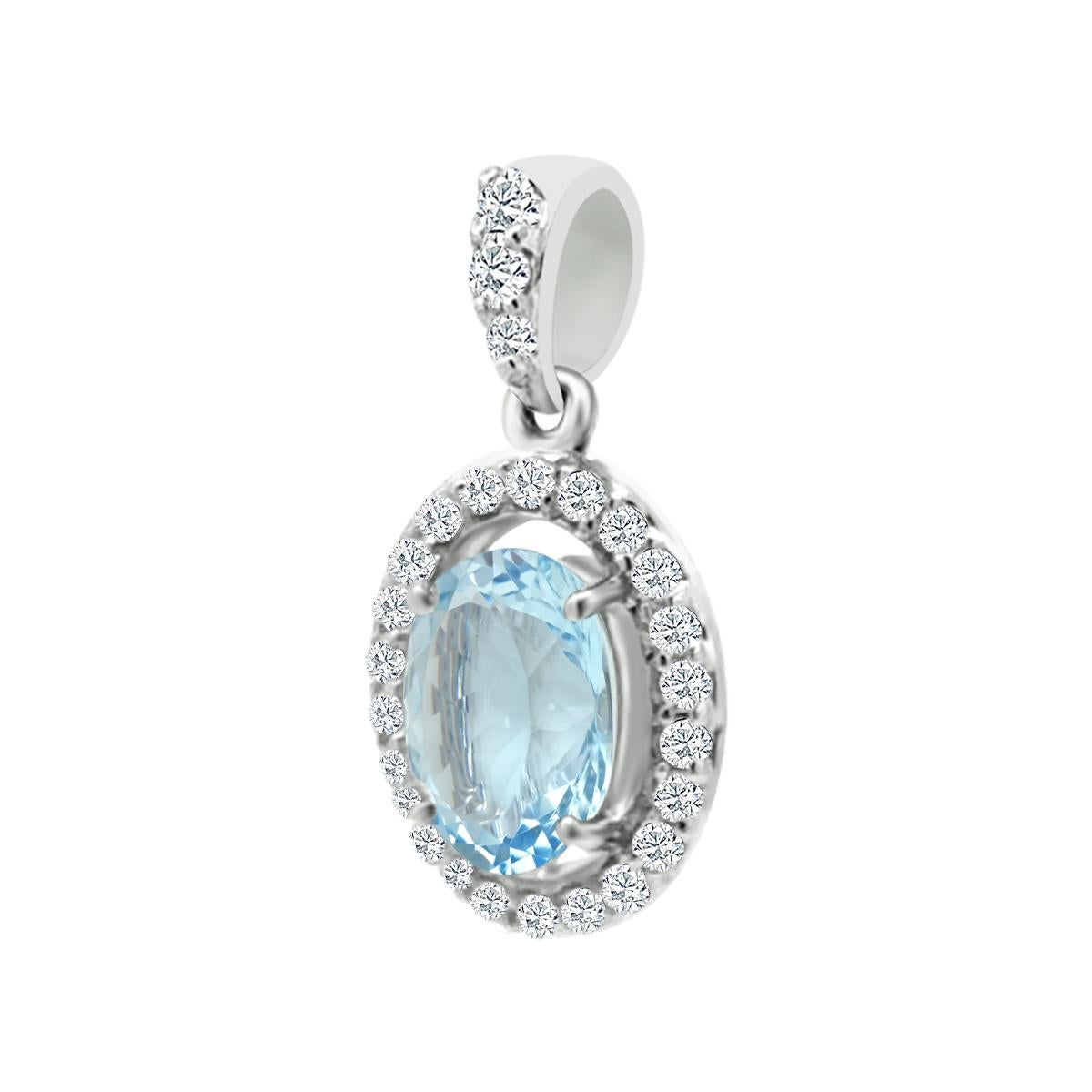 Sit Back And Let This Breathtaking Pendant Make A Memorable Statement For You!
Centered By A Oval 7x5mm Aquamarine Gemstone Illuminated By Halo Brilliant Cut Diamonds Set In 14k White Gold.
The Ethereal Design Will Evoke Gasps From Near And
