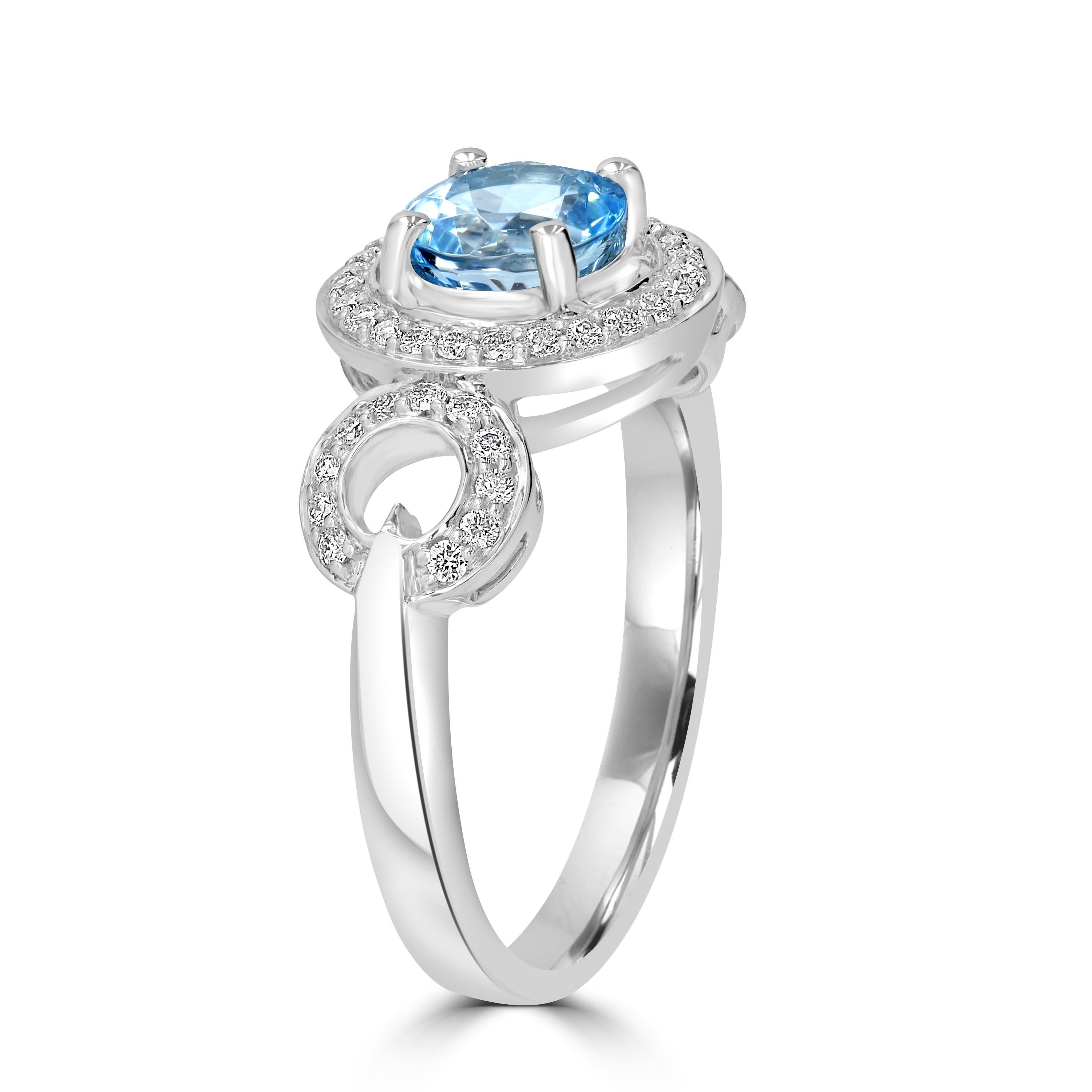 This Beautiful Piece Of Jewelry Features A Round Shaped Aquamarine Gemstone & Diamonds Made In 14K White Gold That Lead Shimmering Appeal To This Sweet & Whimsical Ring.
This March Birth Stone Ring Will Be Perfect Gift For Your Loved Ones.

Style#