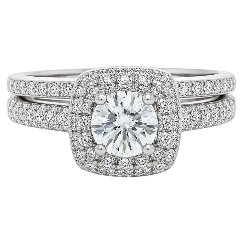 14k White Gold 0.74ctw Round Diamond Engagement Ring Wedding Band Set