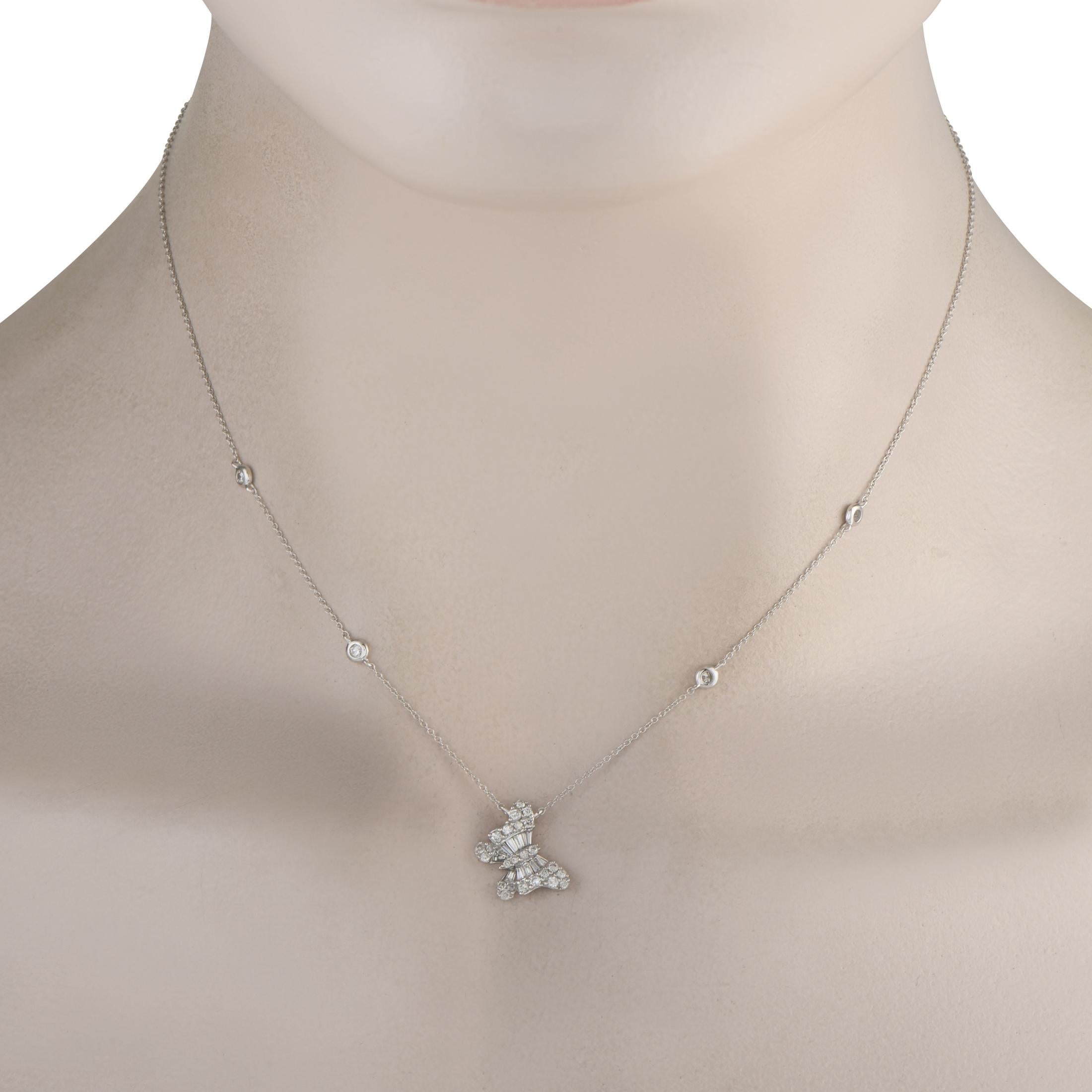 This luxury necklace is endlessly charming. Diamonds with a total weight of 0.75 carats add sparkle to the 16 chain and the butterfly pendant. Ideal for everyday wear, the pendant measures 0.50 long by 0.40 wide and is crafted from 14K White