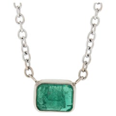 14k White Gold 0.75ct Upside Down Bezel Set Emerald Solitaire Pendant Necklace